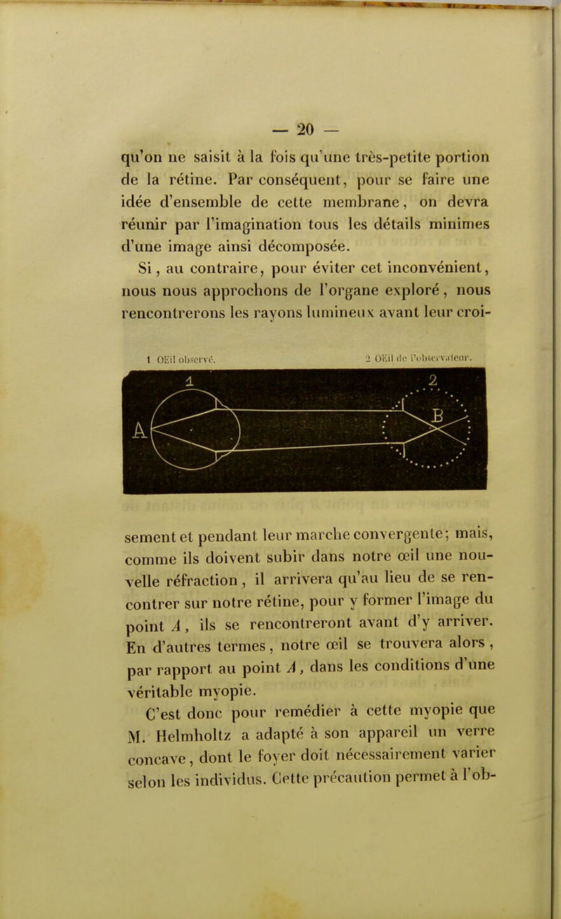 qu'on ne saisit à la fois qu'une très-petite portion de la rétine. Par conséquent, pour se faire une idée d'ensemble de cette membrane, on devra réunir par l'imagination tous les détails minimes d'une image ainsi décomposée. Si, au contraire, pour éviter cet inconvénient, nous nous approchons de l'organe exploré, nous rencontrerons les rayons lumineux avant leur croi- t OEil ol)scrvO. 2 OKil (le rol)scrv;ilcnr. sèment et pendant leur marche convergente; mais, comme ils doivent subir dans notre œil une nou- velle réfraction , il arrivera qu'au lieu de se ren- contrer sur notre rétine, pour y former l'image du point À, ils se rencontreront avant d'y arriver. En d'autres termes, notre œil se trouvera alors, par rapport au point A, dans les conditions d'une véritable myopie. C'est donc pour remédier à cette myopie que M. Helmholtz a adapté à son appareil un verre concave, dont le foyer doit nécessairement varier selon les individus. Cette précaution permet à l'ob-