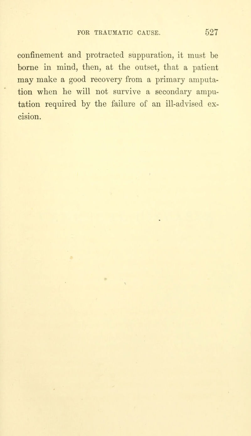 confinement and protracted suppuration, it must be borne in mind, then, at the outset, that a patient may make a good recovery from a primary amputa- tion when he will not survive a secondary ampu- tation required by the failure of an ill-advised ex- cision.