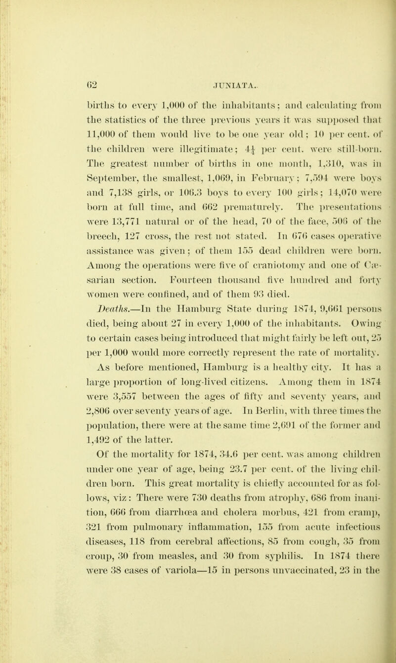 births to every 1,000 of the inhabitants; and ealcnlating from the statistics of the three previons years it was supposed that 11,000 of them woukl live to be one year okl; 10 i)er cent, of the children Avere illegitimate; 1^ i)er cent, were still-born. The greatest number of births in one month, 1,310, was in September, the smallest, 1,069, in February; 7,594 were boys and 7,138 girls, or 106.3 boys to every 100 girls; 11,070 were born at full time, and 662 i)rematurely. The presentations were 13,771 natural or of the head, 70 of the face, 500 of the breech, 127 cross, the rest not stated. In 676 cases operative assistance was giv^en; of them 155 dead children were l)orn. Among the operations were five of craniotomy and one of Civ- sarian section. Fourteen thousand five hundred and forty w^omen were confined, and of fhem 93 died. Deaths.—In the Hamburg State during 1871, 9,661 persons died, being about 27 in every 1,000 of the inhabitants. Owing to certain cases being introduced that might tairly be left out, 25 per 1,000 would more correctly represent the rate of mortality. As before mentioned, Hamburg is a healthy city. It has a large i)roportion of long-lived citizens. Among them in 1874 were 3,557 betw^een the ages of fifty and seventy years, and 2,806 over seventy years of age. In Berlin, with three times the population, there were at the same time 2,691 of the foiiner and 1,492 of the latter. Of the mortality for 1874, 34.6 per cent, was among children under one year of age, being 23.7 i^er cent, of the living chil- dren born. This great mortality is chiefly accounted for as fol- lows, viz: There were 730 deaths from atrophy, 686 from inani- tion, 666 from diarrhoea and cholera morbus, 421 from cramp, 321 from pulmonary inflammation, 155 from acute infectious diseases, 118 from cerebral aftections, 85 from cough, 35 from croui), 30 from measles, and 30 from syphilis. In 1874 there were 38 cases of variola—15 in persons uuvaccinated, 23 in the