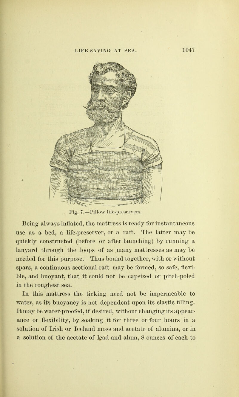 Fig. 7.—Pillow life-i)reservers. Being always inflated, tlie mattress is ready for instantaneous use as a bed, a life-preserver, or a raft. The latter may be quickly constructed (before or after launching) by running a lanyard through the loops of as many mattresses as may be needed for this purpose. Thus bound together, with or without spars, a continuous sectional raft may be formed, so safe, flexi- ble, and buoj^ant, that it could not be capsized or i)itch-poled in the roughest sea. In this mattress the ticking need not be imx)ermeable to water, as its buoyancy is not dependent iipon its elastic filling. It may be water-proofed, if desired, without changing its appear- ance or flexibility, by soaking it for three or four hours in a solution of Irish or Iceland moss and acetate of alumina, or in a solution of the acetate of l^ad and alum, 8 ounces of each to