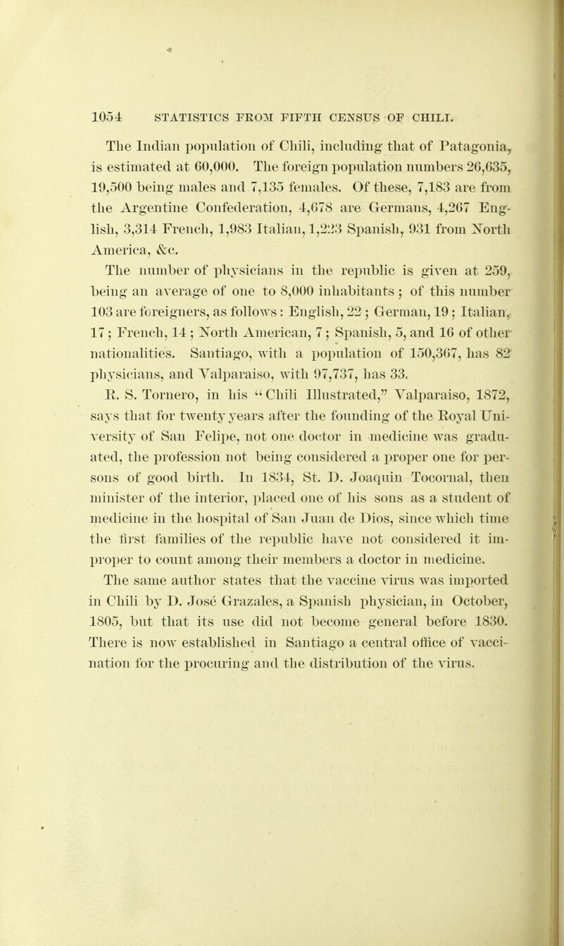 Tbe Indian iDopulation of Chili, inclnding that of Patagonia^ is estimated at 60,000. The foreign popnlation numbers 26,635, 19,500 being males and 7,135 females. Of these, 7,183 are from the Argentine Confederation, 1,678 are Germans, 4,267 Eng- lish, 3,314 French, 1,983 Italian, 1,223 Spanish, 931 from ^^orth America, &c. The number of physicians in the republic is given at 259, being an average of one to 8,000 inhabitants ; of this number 103 are foreigners, as follows: English, 22 5 German, 19; Italian^ 17; French, 14 ; Korth American, 7; Spanish, 5, and 16 of other nationalities. Santiago, with a population of 150,367, has 82 physicians, and Valparaiso, with 97,737, has 33. E. S. Tornero, in his Chili Illustrated, Valparaiso, 1872, says that for twenty years after the founding of the Eoyal Uni- versity of San Felii^e, not one doctor in medicine was gradu- ated, the profession not being considered a proper one for ])er- sons of good birth. In 1834, St. D. Joaquin Tocornal, then minister of the interior, placed one of his sons as a student of medicine in the hospital of San Juan de Dios, since which time the first families of the republic have not considered it im- proper to count among their members a doctor in medicine. The same author states that the vaccine virus was imi)orted in Chili by D. Jose Grazales, a Spanish physician, in October, 1805, but that its use did not become general before 1830. There is now established in Santiago a central office of vacci- nation for the procuring and the distribution of the virus.