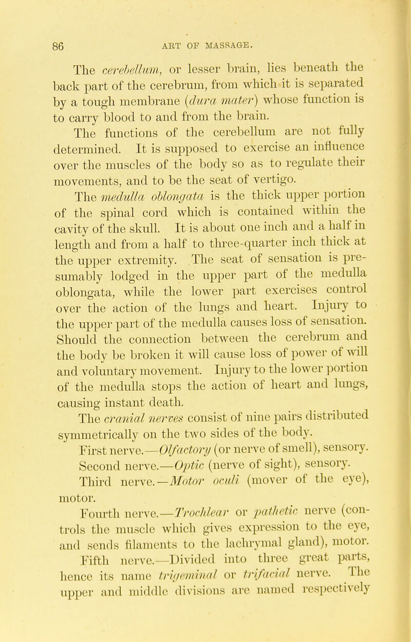 The cerehelhm, or lesser brain, lies beneath the back part of the cerebrum, from which it is separated by a tough membrane (dura mater) whose function is to carry blood to and from the brain. The functions of the cerebellum are not fully determined. It is supposed to exercise an influence over the muscles of the body so as to regulate their movements, and to be the seat of vertigo. The medulla oblongata is the thick upper portion of the spinal cord which is contained within the cavity of the skull. It is about one inch and a half in length and from a half to three-quarter inch thick at the upper extremity. The seat of sensation is pre- sumably lodged in the upper part of the medulla oblongata, while the lower part exercises control over the action of the lungs and heart. Injury to the upper part of the medulla causes loss of sensation. Should the connection between the cerebrum and the body be broken it will cause loss of power of will and voluntary movement. Injury to the lower portion of the medulla stops the action of heart and lungs, causing instant death. The cranial nerves consist of nine pairs distributed symmetrically on the two sides of the body. First vlqvnq.—Olfactory (or nerve of smell), sensory. Second nerve.—Oj^^ic (nerve of sight), sensory. Third vlqynq.—Motor ociili (mover of the eye), motor. Fourth nerye.—Trochlear or jmthetic nerve (con- trols the muscle which gives expression to the eye, and sends filaments to the lachrymal gland), motor. Fifth nerve.—Divided into three great parts, hence its name trigeminal or trifacial nerve. The upper and middle divisions are named respectively