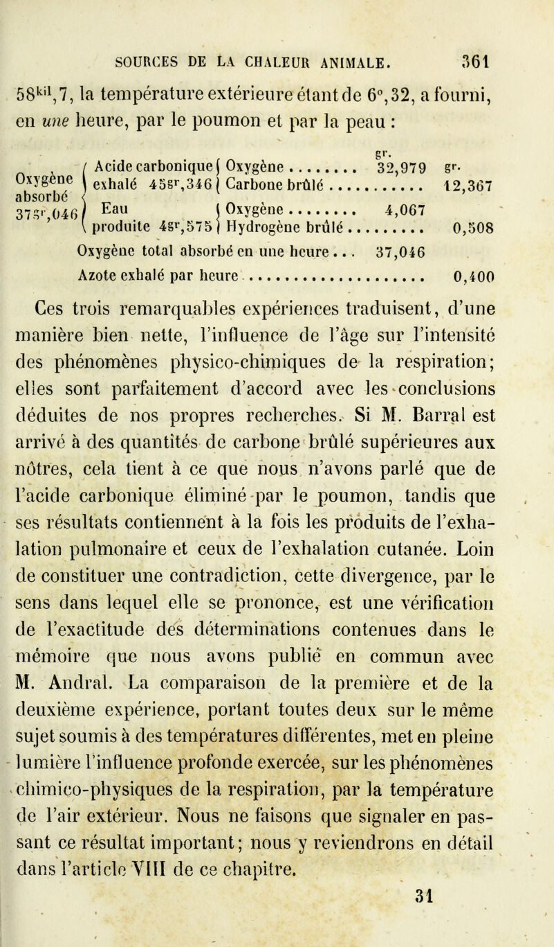 SS'^'^T, la température extérieure étantde 6%32, a fourni, en une heure, par le poumon et par la peau : gr. / Acide carbonique f Oxygène 32,979 g»- Oxygène I gxhalé 458^346 Carbone brûlé 12,367 absorbé < ^ 37.^>-,046 Eau (Oxygène 4,067 \ produite 4g^,575) Hydrogène brûlé 0,508 Oxygène total absorbé en une heure ... 37,046 Azote exhalé par heure 0,400 Ces trois remarquables expériences traduisent, d'une manière bien nette, l'influence de l'âge sur l'intensité des phénomènes physico-chimiques de la respiration; elles sont parfaitement d'accord avec les conclusions déduites de nos propres recherches. Si M. Barrai est arrivé à des quantités de carbone brûlé supérieures aux nôtres, cela tient à ce que nous n'avons parlé que de l'acide carbonique éliminé par le poumon, tandis que ses résultats contiennent à la fois les produits de l'exha- lation pulmonaire et ceux de l'exhalation cutanée. Loin de constituer une contradiction, cette divergence, par le sens dans lequel elle se prononce, est une vérification de l'exactitude des déterminations contenues dans le mémoire que nous avons publié en commun avec M. Andral. La comparaison de la première et de la deuxième expérience, portant toutes deux sur le même sujet soumis à des températures différentes, met en pleine lumière Tinfluence profonde exercée, sur les phénomènes chimico-physiques de la respiration, par la température de l'air extérieur. Nous ne faisons que signaler en pas- sant ce résultat important; nous y reviendrons en détail dans l'article VIÎI de ce chapitre. 31