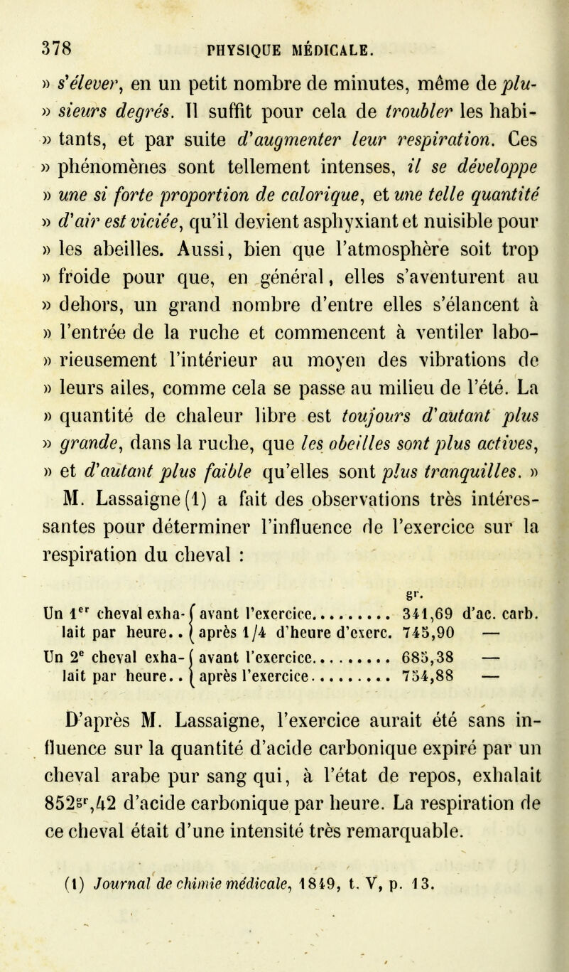 » s'élever^ en un petit nombre de minutes, même deplu- » sieurs degrés. 11 suffit pour cela de troubler les habi- » tants, et par suite d'augmenter leur respiration. Ces » phénomènes sont tellement intenses, il se développe » une si forte proportion de calorique., et une telle quantité » d'air est viciée^ qu'il devient asphyxiant et nuisible pour » les abeilles. Aussi, bien que l'atmosphère soit trop » froide pour que, en général, elles s'aventurent au » dehors, un grand nombre d'entre elles s'élancent à )) l'entrée de la ruche et commencent à ventiler labo- » rieusement l'intérieur au moyen des vibrations de » leurs ailes, comme cela se passe au milieu de l'été. La » quantité de chaleur libre est toujours d'autant plus » grande., dans la ruche, que les abeilles sont plus actives., » et d'autant plus faible qu'elles sont plus tranquilles. » M. Lassaigne(l) a fait des observations très intéres- santes pour déterminer l'influence de l'exercice sur la respiration du cheval : lait par heure..( après 1/4 d'heure d'exerc. 745,90 — D'après M. Lassaigne, l'exercice aurait été sans in- fkience sur la quantité d'acide carbonique expiré par un cheval arabe pur sang qui, à l'état de repos, exhalait 852s'',^2 d'acide carbonique par heure. La respiration de ce cheval était d'une intensité très remarquable. (1) Journal de chimie médicale., 1849, t. V, p. 13. 341,69 d'ac. carb. 685,38 — 754,88 —