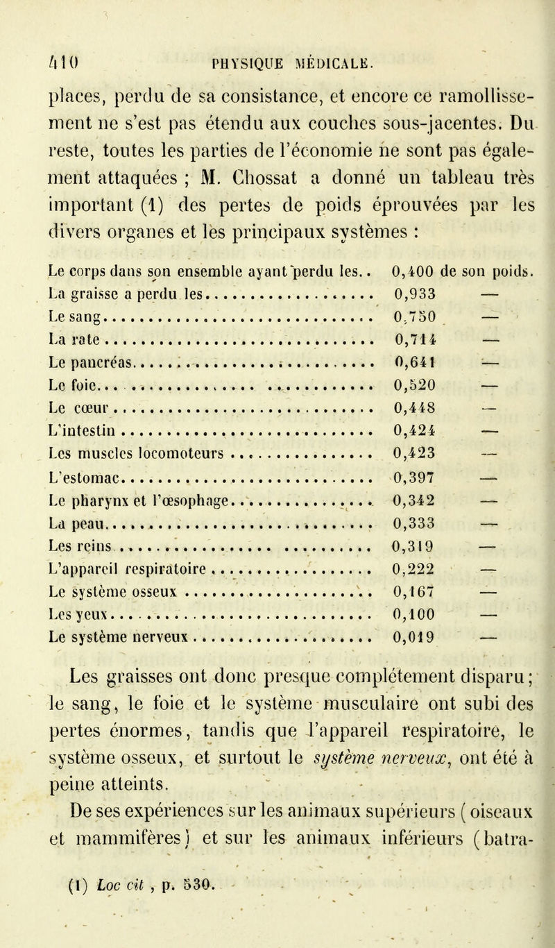 places, perdu de sa consistance, et encore ce ramollisse- ment ne s'est pas étendu aux couches sous-jacentes. Du reste, toutes les parties de l'économie ne sont pas égale- ment attaquées ; M. Cliossat a donné un tableau très important (1) des pertes de poids éprouvées par les divers organes et lés principaux systèmes : Le corps dans son ensemble ayant perdu les.. 0,400 de son poids. La graisse a perdu les 0,933 Le sang 0,750 La rate 0,714 Le pancréas 0,641 Le foie 0,520 Le cœur 0,448 L'intestin 0,424 , Les muscles locomoteurs 0,423 L'estomac 0,397 Le pharynx et l'œsophage 0,342 La peau 0,333 Les reins 0,319 L'appareil respiratoire , 0,222 Le système osseux 0,167 Les yeux 0,100 Le système nerveux ».... 0,019 Les graisses ont donc presque complètement disparu; le sang, le foie et le système musculaire ont subides pertes énormes, tandis que l'appareil respiratoire, le système osseux, et surtout le système nerveux^ ont été à peine atteints. De ses expériences sur les animaux supérieurs ( oiseaux et mammifères] et sur les animaux inférieurs (balra-