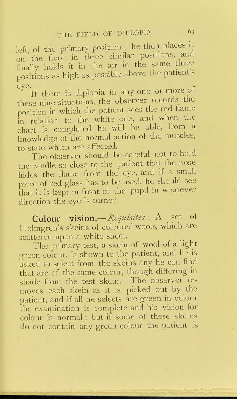 left of the primary position ; he then places it on'the floor in three similar positions and finally holds it in the air in the same three positions as high as possible above the patient s eye. . If there is diplopia in any one or more ot these nine situations, the observer records the position in which the patient sees the red flame in relation to the white one, and when the chart is completed he will be able, from a knowledge of the normal action of the muscles, to state which are affected. The observer should be careful not to hold the candle so close to the patient that the nose hides the flame from the eye, and if a small piece of red glass has to be used, he should see that it is kept in front of the pupil in whatever direction the eye is turned. Colour vision.—Requisites: A set of Holmgren's skeins of coloured wools, which are scattered upon a white sheet. The primary test, a skein of wool of a light green colour, is shown to the patient, and he is asked to select from the skeins any he can find that are of the same colour, though differing in shade from the test skein. The observer re- moves each skein as it is picked out by the patient, and if all he selects are green in colour the examination is complete and his vision for colour is normal; but if some of these skeins do not contain any green colour the patient is