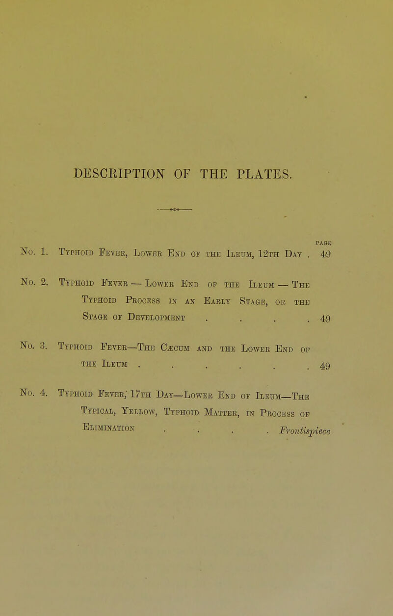 DESCRIPTION^ OF THE PLATES. PAOK No. 1. Typhoid Fevee, Lower End of the Ileum, 12th Day . 49 No. 2. Typhoid Fever — Lower End of the Ileum — The Typhoid Process in an Early Stage, or the Stage op Development . . . .49 No. 3. Typhoid Fever—The C^cum and the Lower End of THE Ileum . . . . . ,49 No. 4. Typhoid Fever; 17th Day—Lower End of Ileum~The Typical, Yellow, Typhoid Matter, in Process of Elimination .... Frontispiece