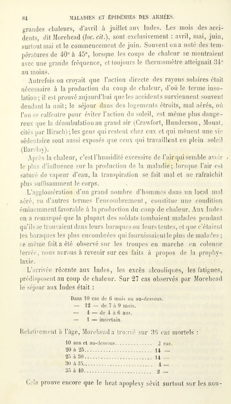 grandes chaleurs, d'avril à juillet aux Indes. Les mois des acci- dents, ditMorehëad.(foc.cfo), sont exclusivement : avril, mai, juin, surtout mai et le commencement de juin. Souvent on a noté des tem- pératures de 40° à 45% lorsque les coups de chaleur se montraient avec une grande fréquence, et toujours le thermomètre atteignait 34° au moins. Autrefois on croyait que l'action directe des rayons solaires était nécessaire à la production du coup de chaleur, d'où le terme inso- lation; il est prouvé aujourd'hui que les accidents surviennent souvent dendant la nuit; le séjour dans des logements étroits, mal aérés, où l'on se calfeutre pour éviter l'action du soleil, est môme plus dange- reux que la déambulationau grand air (Crawfort, Hunderson, Moual, cités par Hirsch) ; les gens qui restent chez eux et qui mènent une vie sédentaire sont aussi exposés que ceux qui travaillent en plein soleil (Barclay). Après la chaleur, c'est l'humidité excessive de l'air qui semble avoir le plus d'influence sur la production de la maladie; lorsque l'air es! saturé de vapeur d'eau, la transpiration se fait mal et ne rafraîchit plus suffisamment le corps. L'agglomération d'un grand nombre d'hommes dans un local mai aéré, en d'autres termes l'encombrement, constitue une condition éminemment favorable à la production du coup de chaleur. Aux Indes on a remarqué que la plupart des soldats tombaient malades pendant qu'ils se trouvaient dans leurs baraques ou leurs tentes, et que c'étaient les baraques les plus encombrées qui fournissaient le plus de malades; se même fait a été observé sur les troupes en marche en colonne lerrée, nous aurons à revenir sur ces faits a propos de la prophy- laxie. L'arrivée récente aux Indes, les excès alcooliques, les fatigues, prédisposent au coup de chaleur. Sur 27 cas observés par Morehead ie séjour aux Indes était : Dans 10 cas de 6 mois ou au-dessous. — 12 — de 7 à 9 mois. — 4 — de 4 à 6 ans. — 1 — incertain. Relativement à l'âge, Morehead a trouvé sur 30 cas mortels : 10 ans et au-dessous 2 cas. 20 à 25 u — 25 à 30 , u _ 30 à 35 4 _ 35 à 40 2 — Cela prouve encore que le beat apoplexy sévit surtout sur les non-