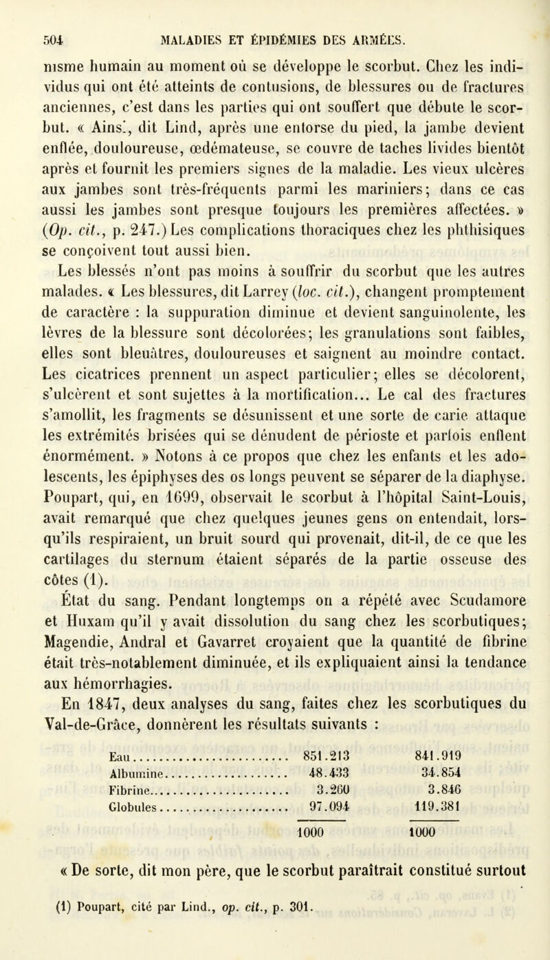 nisme humain au moment où se développe le scorbut. Chez les indi- vidus qui ont été atteints de contusions, de blessures ou de fractures anciennes, c'est dans les parties qui ont souffert que débute le scor- but. « Ainsi, dit Lind, après une entorse du pied, la jambe devient enflée, douloureuse, œdémateuse, se couvre de taches livides bientôt après et fournit les premiers signes de la maladie. Les vieux ulcères aux jambes sont très-fréquents parmi les mariniers; dans ce cas aussi les jambes sont presque toujours les premières affectées. » (Op. cit., p. 247.)Les complications thoraciques chez les phthisiques se conçoivent tout aussi bien. Les blessés n'ont pas moins à souffrir du scorbut que les autres malades. « Les blessures, dit Larrey (loc. cit.), changent promptement de caractère : la suppuration diminue et devient sanguinolente, les lèvres de la blessure sont décolorées; les granulations sont faibles, elles sont bleuâtres, douloureuses et saignent au moindre contact. Les cicatrices prennent un aspect particulier; elles se décolorent, s'ulcèrent et sont sujettes à la mortification... Le cal des fractures s'amollit, les fragments se désunissent et une sorte de carie attaque les extrémités brisées qui se dénudent de périoste et parfois enflent énormément. » Notons à ce propos que chez les enfants et les ado- lescents, les épiphyses des os longs peuvent se séparer de la diaphyse. Poupart, qui, en 1699, observait le scorbut à l'hôpital Saint-Louis, avait remarqué que chez quelques jeunes gens on entendait, lors- qu'ils respiraient, un bruit sourd qui provenait, dit-il, de ce que les cartilages du sternum étaient séparés de la partie osseuse des côtes (1). État du sang. Pendant longtemps on a répété avec Scudamore et Huxam qu'il y avait dissolution du sang chez les scorbutiques; Magendie, Andral et Gavarret croyaient que la quantité de fibrine était très-notablement diminuée, et ils expliquaient ainsi la tendance aux hémorrhagies. En 1847, deux analyses du sang, faites chez les scorbutiques du Val-de-Grâce, donnèrent les résultats suivants : « De sorte, dit mon père, que le scorbut paraîtrait constitué surtout Eau Albumine Fibrine... Globules. 851.213 48.433 3.260 97.094 841.919 34.854 3.846 119.381 1000 1000