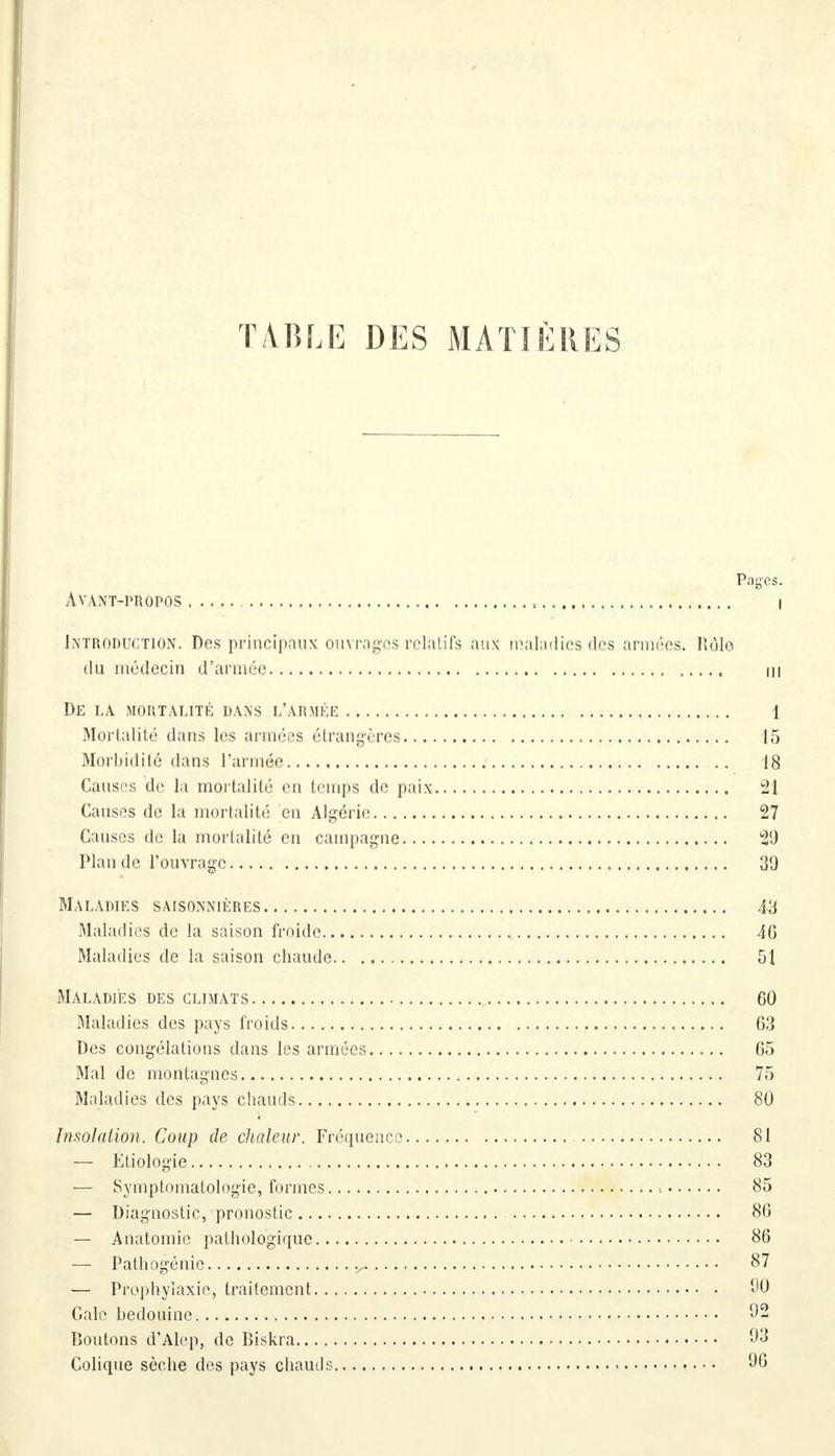 TABLE DES MATIÈRES Pages. Avant-propos i Introduction. Des principaux ouvrages relatifs aux maladies des armées. lîùlo du médecin d'armée ni De la mortalité dans l'armée 1 Mortalité dans les armées étrangères 15 Morbidité dans l'armée 18 Causes de la mortalité en temps de paix 21 Causes de la mortalité en Algérie 27 Causes de la mortalité en campagne 29 Plan de l'ouvrage 39 Maladies saisonnières 43 Maladies de la saison froide 4G Maladies de la saison chaude 51 Maladies des climats 60 Maladies des pays froids 63 Des congélations dans les armées 65 Mal de montagnes 75 Maladies des pays chauds 80 Insolation. Coup de chaleur. Fréquence 81 — Etiologie 83 — Symptomatologie, formes -. 85 — Diagnostic, pronostic 86 — Anatomic pathologique 86 — Pathogénic Y 87 — Prophylaxie, traitement 90 Gale bédouine 92 Boutons d'Alep, de Biskra 93 Colique sèche des pays chauds 96