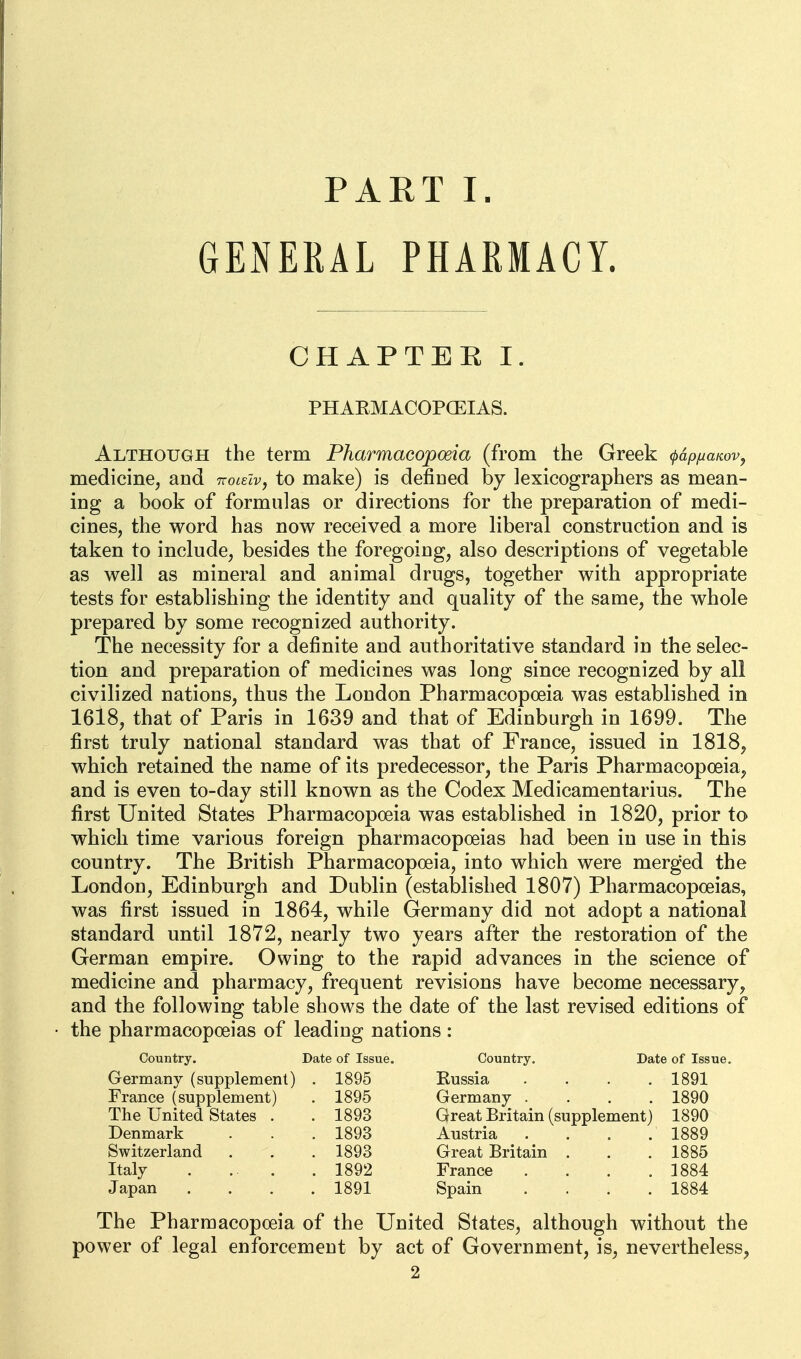 PART I. GEiNERAL PHARMACY. CHAPTEE I. PHARMACOPCEIAS. Although the term Pharmacopoeia (from the Greek (papnaKov, medicine, and Ttoieivy to make) is defined by lexicographers as mean- ing a book of formulas or directions for the preparation of medi- cines, the word has now received a more liberal construction and is taken to include, besides the foregoing, also descriptions of vegetable as well as mineral and animal drugs, together with appropriate tests for establishing the identity and quality of the same, the whole prepared by some recognized authority. The necessity for a definite and authoritative standard in the selec- tion and preparation of medicines was long since recognized by all civilized nations, thus the London Pharmacopoeia was established in 1618, that of Paris in 1639 and that of Edinburgh in 1699. The first truly national standard was that of France, issued in 1818, which retained the name of its predecessor, the Paris Pharmacopceia, and is even to-day still known as the Codex Medicamentarius. The first United States Pharmacopoeia was established in 1820, prior to which time various foreign pharmacopoeias had been in use in this country. The British Pharmacopoeia, into which were merged the London, Edinburgh and Dublin (established 1807) Pharmacopoeias, was first issued in 1864, while Germany did not adopt a national standard until 1872, nearly two years after the restoration of the German empire. Owing to the rapid advances in the science of medicine and pharmacy, frequent revisions have become necessary, and the following table shows the date of the last revised editions of the pharmacopoeias of leading nations : Country. Date of Issue. Country. Date of Issue. Germany (supplement) France (supplement) The United States . Denmark Switzerland Italy . . . Japan 1895 Kussia . . . .1891 1895 Germany .... 1890 1893 Great Britain (supplement) 1890 1893 Austria . . . . 1889 1893 Great Britain . . . 1885 1892 France . . . .1884 1891 Spain .... 1884 The Pharmacopoeia of the United States, although without the power of legal enforcement by act of Government, is, nevertheless,