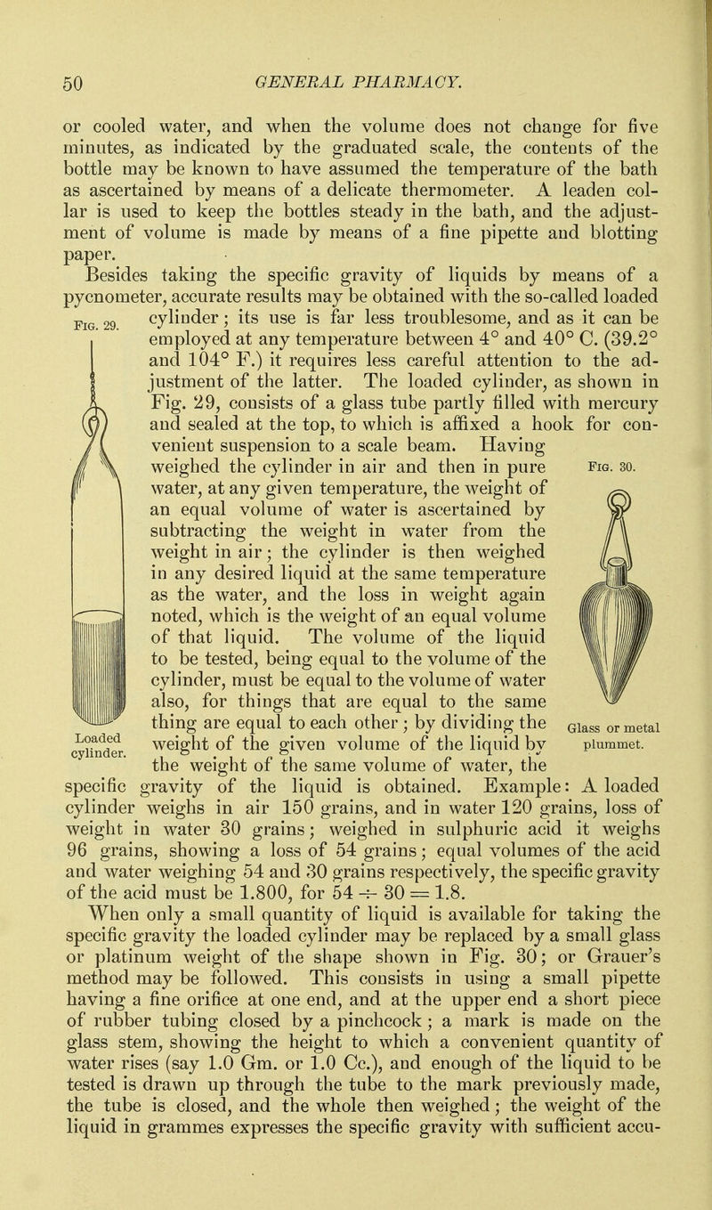 Fig. 29. Fig. 30. or cooled water, and when the volume does not change for five minutes, as indicated by the graduated scale, the conteuts of the bottle may be known to have assumed the temperature of the bath as ascertained by means of a delicate thermometer. A leaden col- lar is used to keep the bottles steady in the bath, and the adjust- ment of volume is made by means of a fine pipette and blotting paper. Besides taking the specific gravity of liquids by means of a pycnometer, accurate results may be obtained with the so-called loaded cylinder; its use is far less troublesome, and as it can be employed at any temperature between 4° and 40° C. (39.2° and 104° F.) it requires less careful attention to the ad- justment of the latter. The loaded cylinder, as shown in Fig. 29, consists of a glass tube partly filled with mercury and sealed at the top, to which is affixed a hook for con- venient suspension to a scale beam. Having weighed the cylinder in air and then in pure water, at any given temperature, the weight of an equal volume of water is ascertained by subtracting the weight in water from the weight in air; the cylinder is then weighed in any desired liquid at the same temperature as the water, and the loss in weight again Inoted, which is the weight of an equal volume of that liquid. The volume of the liquid to be tested, being equal to the volume of the cylinder, must be equal to the volume of water also, for things that are equal to the same thing are equal to each other; by dividing the weight of the given volume of the liquid by the weight of the same volume of water, the specific gravity of the liquid is obtained. Example: A loaded cylinder weighs in air 150 grains, and in water 120 grains, loss of weight in water 30 grains; weighed in sulphuric acid it weighs 96 grains, showing a loss of 54 grains; equal volumes of the acid and water weighing 54 and 30 grains respectively, the specific gravity of the acid must be 1.800, for 54 -f- 30 1.8. When only a small quantity of liquid is available for taking the specific gravity the loaded cylinder may be replaced by a small glass or platinum weight of the shape shown in Fig. 30; or Grauer's method may be followed. This consists in using a small pipette having a fine orifice at one end, and at the upper end a short piece of rubber tubing closed by a pinchcock ; a mark is made on the glass stem, showing the height to which a convenient quantity of water rises (say 1.0 Gm. or 1.0 Cc), and enough of the liquid to be tested is drawn up through the tube to the mark previously made, the tube is closed, and the whole then weighed; the weight of the liquid in grammes expresses the specific gravity with sufficient accu- Loaded cylinder. Glass or metal plummet.