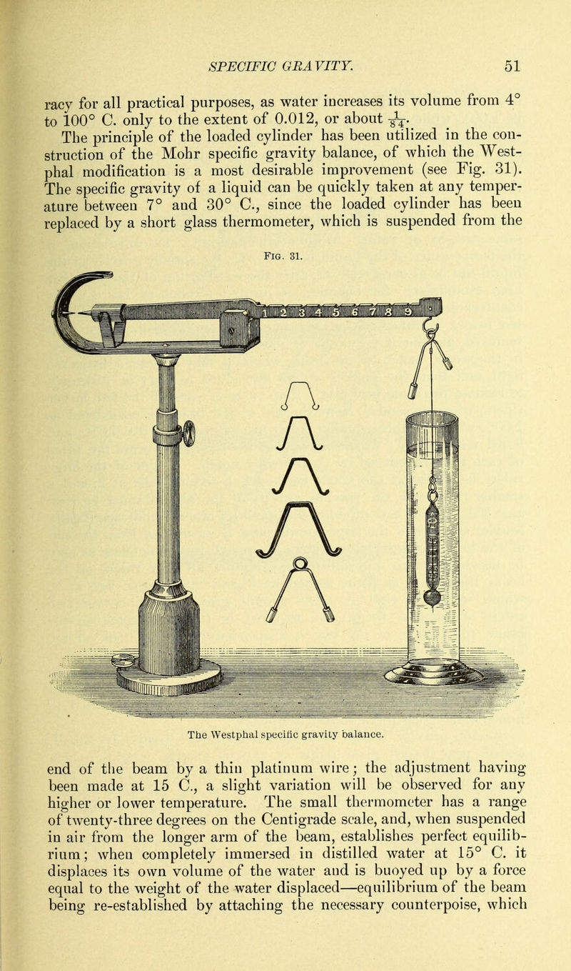 racy for all practical purposes, as water increases its volume from 4° to 100° C. only to the extent of 0.012, or about J^. The principle of the loaded cylinder has been utilized in the con- struction of the Mohr specific gravity balance, of which the West- phal modification is a most desirable improvement (see Fig. 31). The specific gravity of a liquid can be quickly taken at any temper- ature between 7° and 30° C, since the loaded cylinder has been replaced by a short glass thermometer, which is suspended from the Fig. 31. The Westplial specific gravity balance. end of the beam by a thin platinum wire; the adjustment having been made at 15 C, a slight variation will be observed for any higher or lower temperature. The small thermometer has a range of twenty-three degrees on the Centigrade scale, and, when suspended in air from the longer arm of the beam, establishes perfect equilib- rium; when completely immersed in distilled water at 15° C. it displaces its own volume of the water and is buoyed up by a force equal to the weight of the water displaced—equilibrium of the beam being re-established by attaching the necessary counterpoise, which