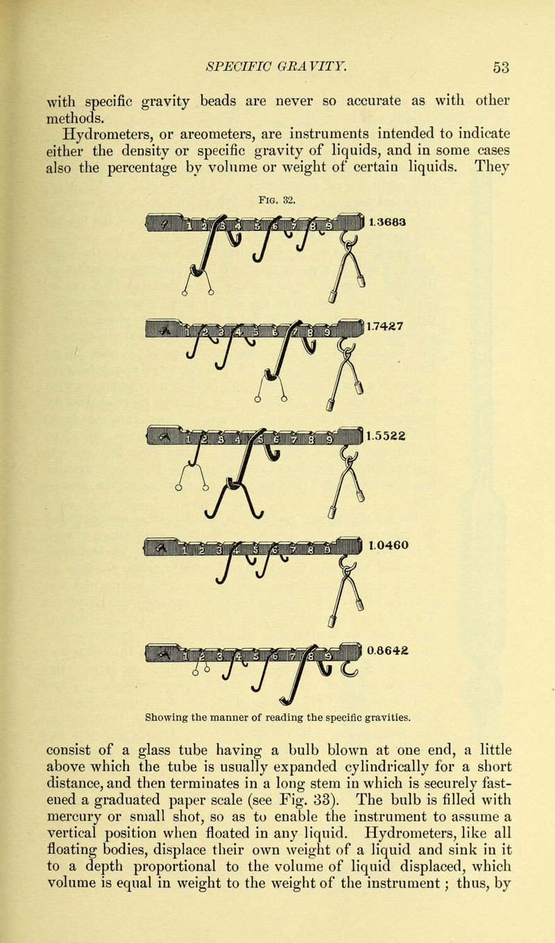 with specific gravity beads are never so accurate as with other methods. Hydrometers, or areometers, are instruments intended to indicate either the density or specific gravity of liquids, and in some cases also the percentage by volume or weight of certain liquids. They Fig. 32. 1.3683 1.74^7 1.5522 1.0460 0.8642 Showing the manner of reading the specific gravities. consist of a glass tube having a bulb blown at one end, a little above which the tube is usually expanded cylindrically for a short distance, and then terminates in a long stem in which is securely fast- ened a graduated paper scale (see Fig. 33). The bulb is filled with mercury or small shot, so as to enable the instrument to assume a vertical position when floated in any liquid. Hydrometers, like all floating bodies, displace their own weight of a liquid and sink in it to a depth proportional to the volume of liquid displaced, which volume is equal in weight to the weight of the instrument; thus, by