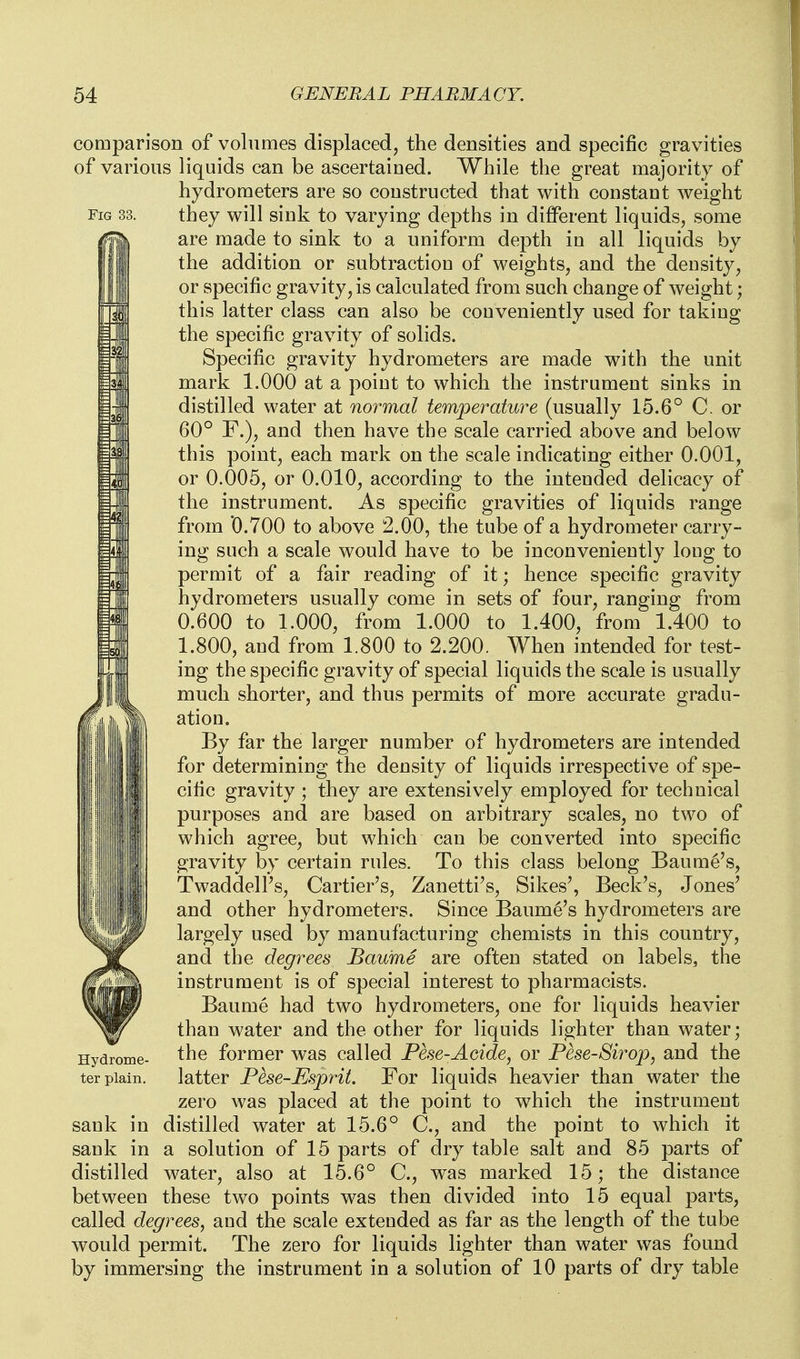 Fig 33. comparison of volumes displaced, the densities and specific gravities of various liquids can be ascertained. While the great majority of hydrometers are so constructed that with constant weight they will sink to varying depths in different liquids, some are made to sink to a uniform depth in all liquids by the addition or subtraction of weights, and the density, or specific gravity, is calculated from such change of weight; this latter class can also be conveniently used for taking the specific gravity of solids. Specific gravity hydrometers are made with the unit mark 1.000 at a point to which the instrument sinks in distilled water at normal temperature (usually 15.6° C. or 60° F.), and then have the scale carried above and below this point, each mark on the scale indicating either 0.001, or 0.005, or 0.010, according to the intended delicacy of the instrument. As specific gravities of liquids range from '0.700 to above 2.00, the tube of a hydrometer carry- ing such a scale would have to be inconveniently long to permit of a fair reading of it; hence specific gravity hydrometers usually come in sets of four, ranging from 0.600 to 1.000, from 1.000 to 1.400, from 1.400 to 1.800, and from 1.800 to 2.200. When intended for test- ing the specific gravity of special liquids the scale is usually much shorter, and thus permits of more accurate gradu- By far the larger number of hydrometers are intended ill fQj. determining the density of liquids irrespective of spe- cific gravity ; they are extensively employed for technical purposes and are based on arbitrary scales, no two of which agree, but which can be converted into specific gravity by certain rules. To this class belong Baume's, TwaddelFs, Cartier's, Zanetti's, Sikes', Beck's, Jones' and other hydrometers. Since Baume's hydrometers are largely used by manufacturing chemists in this country, and the degrees Baume are often stated on labels, the instrument is of special interest to pharmacists. Baume had two hydrometers, one for liquids heavier than water and the other for liquids lighter than water; the former was called Fese-Acide, or Pese-8irop, and the latter Pese-Esprit. For liquids heavier than water the zero was placed at the point to which the instrument sank in distilled water at 15.6° C, and the point to which it sank in a solution of 15 parts of dry table salt and 85 parts of distilled water, also at 15.6° C, was marked 15; the distance between these two points was then divided into 15 equal parts, called degrees, and the scale extended as far as the length of the tube would permit. The zero for liquids lighter than water was found by immersing the instrument in a solution of 10 parts of dry table I 1 Hydrome- ter plain.
