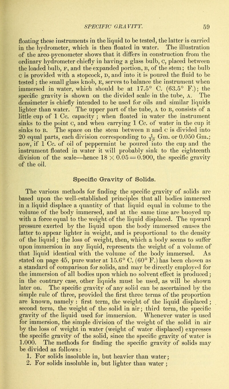 floatiDg these instruments in the liquid to be tested, the latter is carried in the hydrometer, which is then floated in water. The illustration of the areo-pycnometer shows that it differs in construction from the ordinary hydrometer chiefly in having a glass bulb, placed between the loaded bulb, F, and the expanded portion, B, of the stem; the bulb c is provided with a stopcock, D, and into it is poured the fluid to be tested ; the small glass knob, e, serves to balance the instrument when immersed in water, which should be at 17.5° C. (63.5° R); the specific gravity is shown on the divided scale in the tube, A. The densimeter is chiefly intended to be used for oils and similar liq^uids lighter than water. The upper part of the tube, A to B, consists of a little cup of 1 Cc. capacity ; when floated in water the instrument sinks to the point c, and when carrying 1 Cc. of water in the cup it sinks to B. The space on the stem between B and c is divided into 20 equal parts, each division corresponding to Gr^- 0.050 Gm.; now, if 1 Cc. of oil of peppermint be poured into the cup and the instrument floated in water it will probably sink to the eighteenth division of the scale—hence 18 X 0.05 = 0.900, the specific gravity of the oil. Specific Gravity of Solids. The various methods for finding the specific gravity of solids are based upon the well-established principles that all bodies immersed in a liquid displace a quantity of that liquid equal in volume to the volume of the body immersed, and at the same time are buoyed up with a force equal to the weight of the liquid displaced. The upward pressure exerted by the liquid upon the body immersed causes the latter to appear lighter in weight, and is proportional to the density of the liquid ; the loss of weight, then, which a body seems to suffer upon immersion in any liquid, represents the weight of a volume of that liquid identical with the volume of the body immersed. As stated on page 45, pure water at 15.6° C. (60° F.) has been chosen as a standard of comparison for solids, and may be directly employed for the immersion of all bodies upon which no solvent effect is produced; in the contrary case, other liquids must be used, as will be shown later on. The specific gravity of any solid can be ascertained by the simple rule of three, provided the first three terms of the proportion are known, namely : first term, the weight of the liquid displaced; second term, the weight of the solid in air; third term, the specific gravity of the liquid used for immersion. Whenever water is used for immersion, the simple division of the weight of the solid in air by the loss of weight in water (weight of water displaced) expresses the specific gravity of the solid, since the specific gravity of water is 1.000. The methods for finding the specific gravity of solids may be divided as follows: 1. For solids insoluble in, but heavier than water; 2. For solids insoluble in, but lighter than water ;