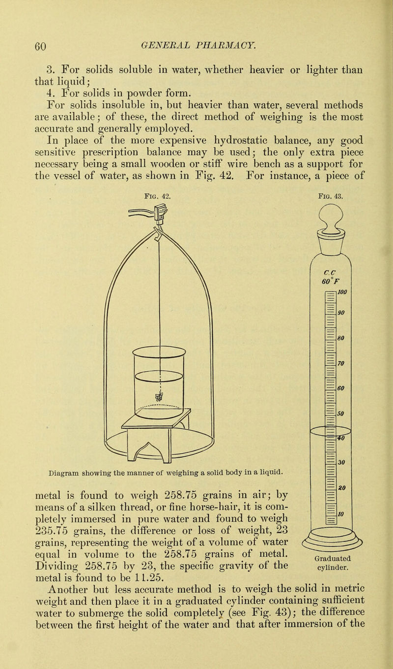 3. For solids soluble in water, whether heavier or lighter than that liquid; 4. For solids in powder form. For solids insoluble in, but heavier than water, several methods are available; of these, the direct method of weighing is the most accurate and generally employed. In place of the more expensive hydrostatic balance, any good sensitive prescription balance may be used; the only extra piece necessary being a small wooden or stiff wire bench as a support for the vessel of water, as shown in Fig. 42. For instance, a piece of Fig. 42. Fig. 43. Diagram showing the manner of weighing a solid body in a liquid. 30 20 metal is found to weigh 258.75 grains in air; by means of a silken thread, or fine horse-hair, it is com- pletely immersed in pure water and found to weigh 235.75 grains, the difference or loss of weight, 23 grains, representing the weight of a volume of water equal in volume to the 258.75 grains of metal. Dividing 258.75 by 23, the specific gravity of the metal is found to be 11.25. Another but less accurate method is to weigh the solid in metric weight and then place it in a graduated cylinder containing sufficient water to submerge the solid completely (see Fig. 43); the difference between the first height of the water and that after immersion of the