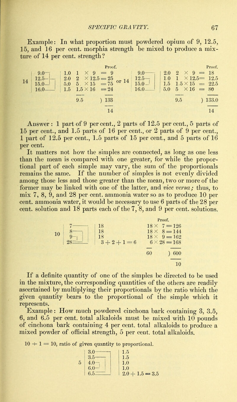 Example: In what proportion must powdered opium of 9, 12.5, 15, and 16 per cent, morphia strength be mixed to produce a mix- ture of 14 per cent, strength ? 14 9.0' 12.5- 15.0- 16.0- 1.0 2.0 5.0 1.5 1X9 2 X 12. 5. X15 1.5 X 16 9.5 Proof, = 9 = 25 = 75 = 24 ) 133 14 or 14 9.0- 12.5- 15.0- 16.0- 2.0 1.0 1.5 5.0 2X9 = 1 X 12.5= 1.5X15 = 5 X16 = 9.5 Proof. 18 12.5 = 22.5 = 80 ) 133.0 14 Answer : 1 part of 9 percent., 2 parts of 12.5 per cent., 5 parts of 15 per cent., and 1.5 parts of 16 per cent., or 2 parts of 9 per cent., 1 part of 12.5 per cent., 1.5 parts of 15 per cent., and 5 parts of 16 per cent. It matters not how the simples are connected, as long as one less than the mean is compared with one greater, for while the propor- tional part of each simple may vary, the sum of the proportionals remains the same. If the number of simples is not evenly divided among those less aud those greater than the mean, two or more of the former may be linked with one of the latter, and vice versa; thus, to mix 7, 8, 9, and 28 per cent, ammonia water so as to produce 10 per cent, ammonia water, it would be necessary to use 6 parts of the 28 per cent, solution and 18 parts each of the 7, 8, and 9 per cent, solutions. 10 9- 28E 18 18 18 3 + 2 + 1 Proof. 18 X 7 = 126 18 X 8 = 144 18 X 9 = 162 6 X 28 = 168 60 ) 600 10 If a definite quantity of one of the simples be directed to be used in the mixture, the corresponding quantities of the others are readily ascertained by multiplying their proportionals by the ratio which the given quantity bears to the proportional of the simple which it represents. Example: How much powdered cinchona bark containing 3, 3.5, 6, and 6.5 per cent, total alkaloids must be mixed with 10 pounds of cinchona bark containing 4 per cent, total alkaloids to produce a mixed powder of official strength, 5 per cent, total alkaloids. 10 1 = 10, ratio of given quantity to proportional. 3.0- 3.5- 4.0- 6.0- 6.5: 1.5 1.5 1.0 1.0 2.0+1.5 = 3.5