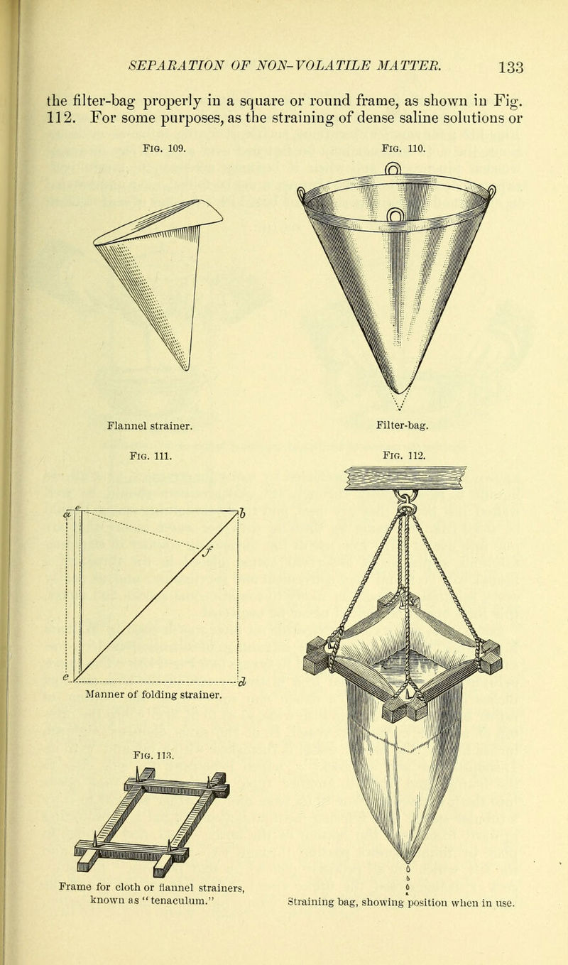 the filter-bag properly in a square or round frame, as shown in Fig. 112. For some purposes, as the straining of dense saline solutions or Fig. 109. Flannel strainer. Filter-bag.