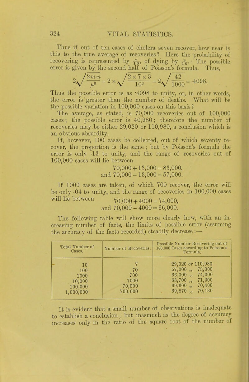 Thus if out of ten cases of cliolera seven recover, how near is this to the true average of recoveries? Here the j^robahiHty of recovering is represented by of dying by -^f^. T)ie possiljle error is given by the second half of Poisson's formula. Thus, > /—-2x /?^i^-9 /; 42 •4098. 103 -^V 1000 Thus the possible error is as '4098 to unity, or, in other words, the error is' greater than the number of deaths. What will be the possible variation in 100,000 cases on this basis? The average, as stated, is 70,000 recoveries out of 100,000 cases; the possible error is 40,980; therefore the number of recoveries may be either 29,020 or 110,980, a conclusion which is an obvious absurdity. If, however, 100 cases be collected, out of which seventy re- cover, the proportion is the same; but by Poisson's formula the error is only -13 to unity, and the range of recoveries out of 100,000 cases will lie between 70,000 + 13,000 = 83,000, and 70,000 - 13,000 = 57,000. If 1000 cases are taken, of Avhich 700 recover, the error will be only -04 to unity, and the range of recoveries in 100,000 cases wiU lie between ^q^qqo + 4000 = 74,000, and 70,000 - 4000 = 66,000. The following table will show more clearly how, with an in- creasing number of facts, the limits of possilDle error (assuming the accuracy of the facts recorded) steadily decrease :— Total Number of Cases. Number of Recoveries. Possible Number Recovering out of 100,000 Cases according to Poisson's Formula. 10 100 1000 10,000 100,000 1,000,000 7 70 700 7000 70,000 700,000 29,020 or 110,980 57,000 „ 73.,000 66,000 ,, 74,000 68,700 ,, 71,300 69,600 „ 70,400 69,870 „ 70,130 It is evident that a small number of observations is inadequate to establish a conclusion; but inasmuch as the degree of accuracy increases only in the ratio of the square root of the number of