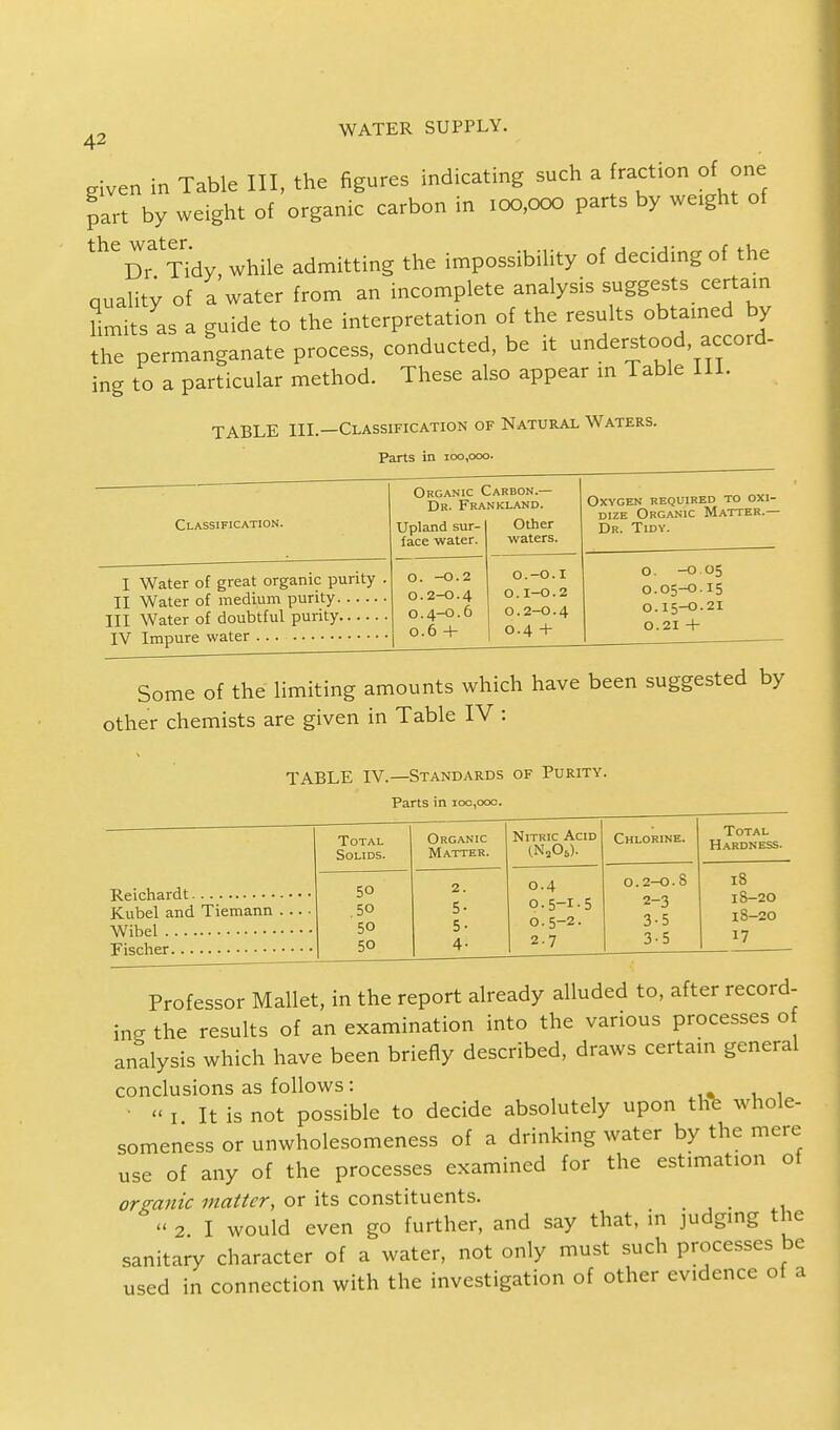 given in Table III, the figures indicating such a fraction of one part by weight of organic carbon in 100,000 parts by weight of ^DrTidy, while admitting the impossibility of deciding of the quality of a water from an incomplete analysis suggests certain Hmits as a guide to the interpretation of the results obtained by the permanganate process, conducted, be it understood accord- ing to a particular method. These also appear in Table III. TABLE III.—Classification of Natural Waters. Parts in 100,000. Classification. Organic C Dr. Fra Upland sur- face water. Carbon.— NKLAND. Other waters. Oxygen required to oxi- dize Organic Matter.— Dr. Tidy. I Water of great organic purity . II Water of medium purity Ill Water of doubtful purity 0. -0.2 O.2-O.4 O.4-0.6 0.6 + O.-O.I 0.1-0.2 O.2-O.4 0.4 + O. -O 05 O.05-O.15 O.15-O.21 0.2I + Some of the limiting amounts which have been suggested by other chemists are given in Table IV : TABLE IV.—Standards of Purity. Parts in 100,00c. Kubel and Tiemann Total Solids. Organic Matter. Nitric Acid (Na06). Chlorine. Total Hardness. 50 50 50 50 2. 5- 5- 4- 0.4 O.5-I.5 0.5-2. 2-7 0.2-0.8 2- 3 3- 5 3-5 18 18-20 I8-20 17 Professor Mallet, in the report already alluded to, after record- ing the results of an examination into the various processes of analysis which have been briefly described, draws certain general conclusions as follows: << 1 It is not possible to decide absolutely upon the whole- someness or unwholesomeness of a drinking water by the mere use of any of the processes examined for the estimation of organic matter, or its constituents. « 2 I would even go further, and say that, in judging the sanitary character of a water, not only must such processes be used in connection with the investigation of other evidence of a