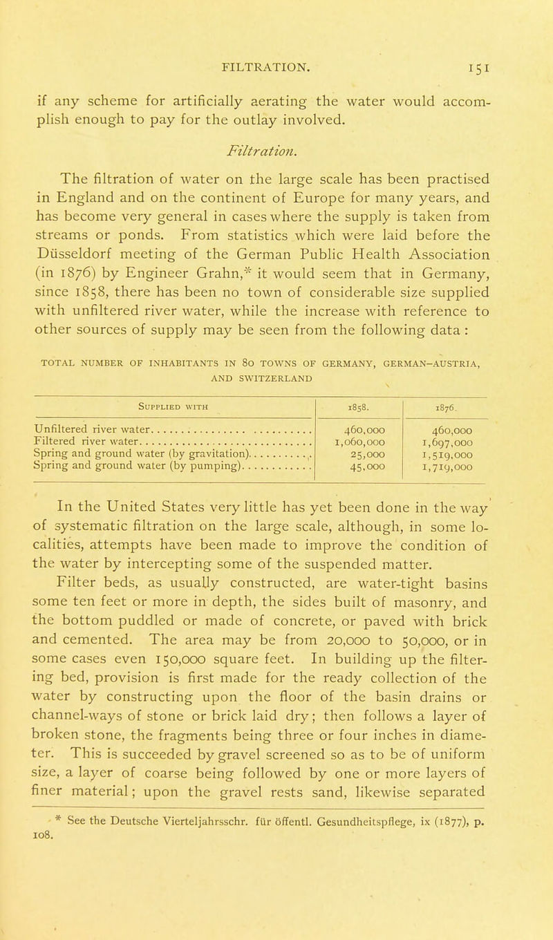 FILTRATION. if any scheme for artificially aerating the water would accom- plish enough to pay for the outlay involved. Filtration. The filtration of water on the large scale has been practised in England and on the continent of Europe for many years, and has become very general in cases where the supply is taken from streams or ponds. From statistics which were laid before the Diisseldorf meeting of the German Public Health Association (in 1876) by Engineer Grahn,* it would seem that in Germany, since 1858, there has been no town of considerable size supplied with unfiltered river water, while the increase with reference to other sources of supply may be seen from the following data: TOTAL NUMBER OF INHABITANTS IN 80 TOWNS OF GERMANY, GERMAN-AUSTRIA, AND SWITZERLAND Supplied with 1858. 1876. 460,000 1,060,000 25,000 45,000 460,000 1,697,000 1,519,000 1,719,000 In the United States very little has yet been done in the way of systematic filtration on the large scale, although, in some lo- calities, attempts have been made to improve the condition of the water by intercepting some of the suspended matter. Filter beds, as usually constructed, are water-tight basins some ten feet or more in depth, the sides built of masonry, and the bottom puddled or made of concrete, or paved with brick and cemented. The area may be from 20,000 to 50,000, or in some cases even 150,000 square feet. In building up the filter- ing bed, provision is first made for the ready collection of the water by constructing upon the floor of the basin drains or channel-ways of stone or brick laid dry; then follows a layer of broken stone, the fragments being three or four inches in diame- ter. This is succeeded by gravel screened so as to be of uniform size, a layer of coarse being followed by one or more layers of finer material; upon the gravel rests sand, likewise separated * See the Deutsche Vierteljahrsschr. fur offentl. Gesundheitspflege, ix (1877), p.