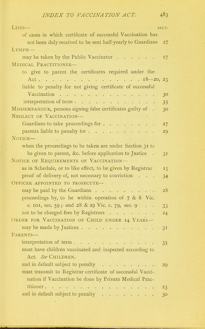 Lists— sect. of cases in which certificate of successful Vaccination has not been duly received to be sent half-yearly to Guardians 27 LyM I'H — may be taken by the Public Vaccinator 17 Medical Practitioner— to g^ve to parent the certificates required under the Act 18—20, 23 liable to penalty for not giving certificate of successful Vaccination 30 interpretation of term 35 Misdemeanour, persons signing false certificates guilty of . 30 Neglect of Vaccination— Guardians to take proceedings for 27 parents liable to penalty for 29 Notice— when the proceedings to be taken are under Section 31 to be given to parent, &c. before application to Justice . 31 Notice of Requirements of Vaccination — as in Schedule, or to like effect, to be given by Registrar 15 proof of delivery of, not necessary to conviction ... 34 Officer appointed to prosecute— may be paid by the Guardians 28 proceedings by, to be within operation of 7 & 8 Vic. c. loi, sec. 59 ; and 28 & 29 Vic. c. 79, sec. 9 • • 33 not to be charged fees by Registrars 24 (JRDER FOR Vaccination of Child under 14 Years — may be made by Justices 31 Parents— interpretation of term 35 must have children vaccinated and inspected according to Act See Children. and in default subject to penalty 29 must transmit to Registrar certificate of successful Vacci- nation if Vaccination be done by Private Medical Prac- titioner 23 and in default subject to penalty 30