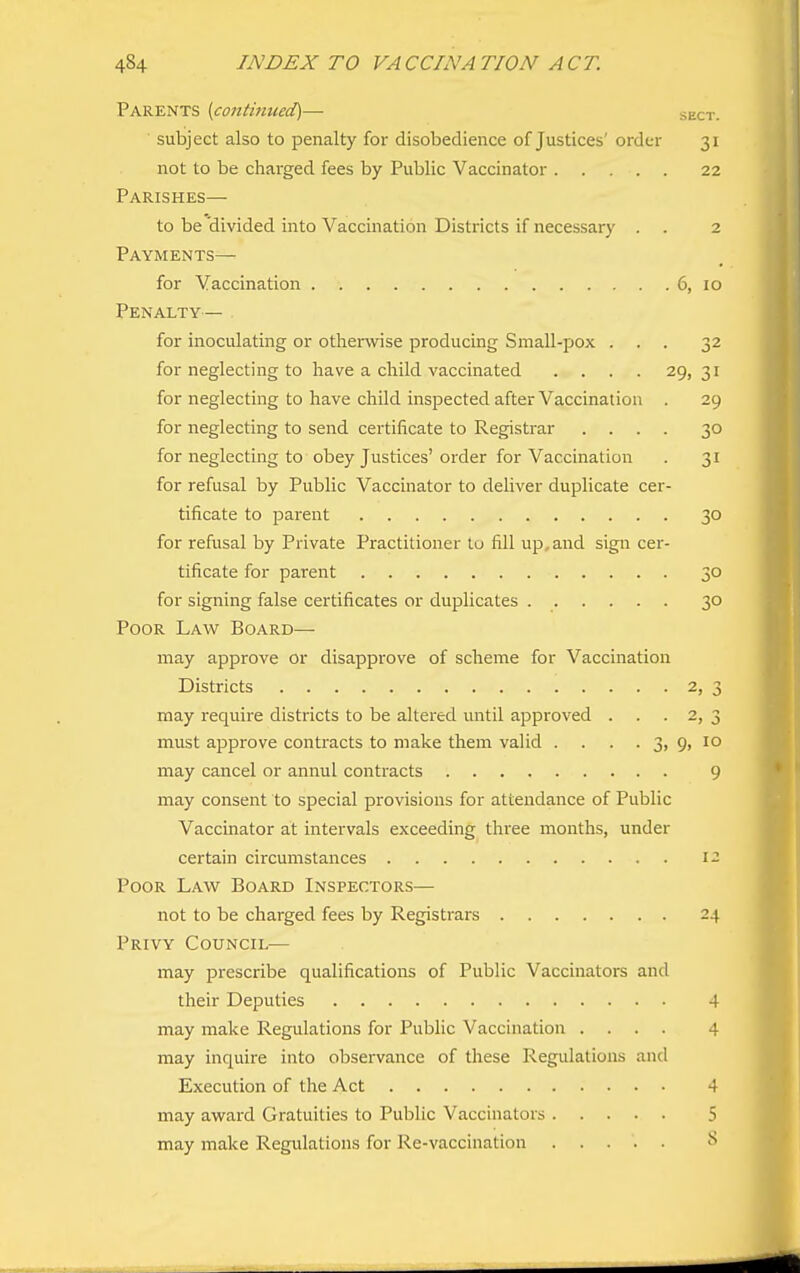 Parents {continued)— sect. subject also to penalty for disobedience of Justices' order 31 not to be charged fees by Public Vaccinator 22 Parishes— to be 'divided into Vaccination Districts if necessary . . 2 Payments— for Vaccination 6, 10 Penalty— for inoculating or otherwise producing Small-pox ... 32 for neglecting to have a child vaccinated .... 29, 31 for neglecting to have child inspected after Vaccination . 29 for neglecting to send certificate to Registrar .... 30 for neglecting to obey Justices' order for Vaccination . 31 for refusal by Public Vaccinator to deliver duplicate cer- tificate to parent 30 for refiisal by Private Practitioner to fill up,and sign cer- tificate for parent 30 for signing false certificates or duplicates 30 Poor Law Board— may approve or disapprove of scheme for Vaccination Districts 2, 3 may require districts to be altered until approved . . . 2, 3 must approve contracts to make them valid . . . . 3, 9, 10 may cancel or annul contracts 9 may consent to special provisions for attendance of Public Vaccinator at intervals exceeding three months, under certain circumstances i- PooR Law Board Inspectors— not to be charged fees by Registrars 24 Privy Council— may prescribe qualifications of Public Vaccinators and their Deputies 4 may make Regulations for Public Vaccination .... 4 may inquire into observance of these Regulations and Execution of the Act 4 may award Gratuities to Public Vaccinators 5 may make Regulations for Re-vaccination ..... S