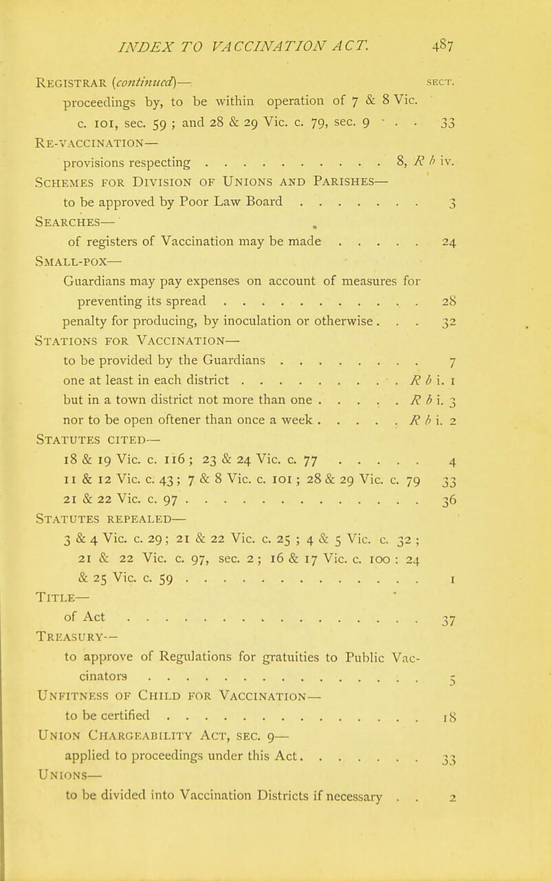 Registrar {contimicd)— sect. proceedings by, to be within operation of 7 & 8 Vic. c. loi, sec. 59 ; and 28 & 29 Vic. c. 79, sec. 9 ■ . . 33 Re-vaccination— provisions respecting 8, j'? iv. Schemes for Division of Unions and Parishes— to be approved by Poor Law Board 3 Searches— of registers of Vaccination may be made 24 Small-pox— Guardians may pay expenses on account of measures for preventing its spread 28 penalty for producing, by inoculation or otherwise ... 32 Stations for Vaccination— to be provided by the Guardians 7 one at least in each district R b '\. \ but in a town district not more than one R b\. nor to be open oftener than once a week R h '\. 2 Statutes cited— 18 & 19 Vic. c. 116; 23 & 24 Vic. c. 77 4 11 & 12 Vic. c. 43; 7 & 8 Vic. c. lOi; 28 & 29 Vic. c. 79 33 21 & 22 Vic. c. 97 36 Statutes repealed— 3 & 4 Vic. c. 29; 21 & 22 Vic. c. 25 ; 4 & 5 Vic. c. 32 ; 21 & 22 Vic. c. 97, sec. 2; 16 & 17 Vic. c. 100 : 24 & 25 Vic. c. 59 I Title— of Act 37 Treasury— to approve of Regulations for gratuities to Public Vac- cinators ^ Unfitness of Child for Vaccination— to be certified 18 Union Chargeability Act, sec. 9— applied to proceedings under this Act 3 ^ Unions— to be divided into Vaccination Districts if necessary . . 2