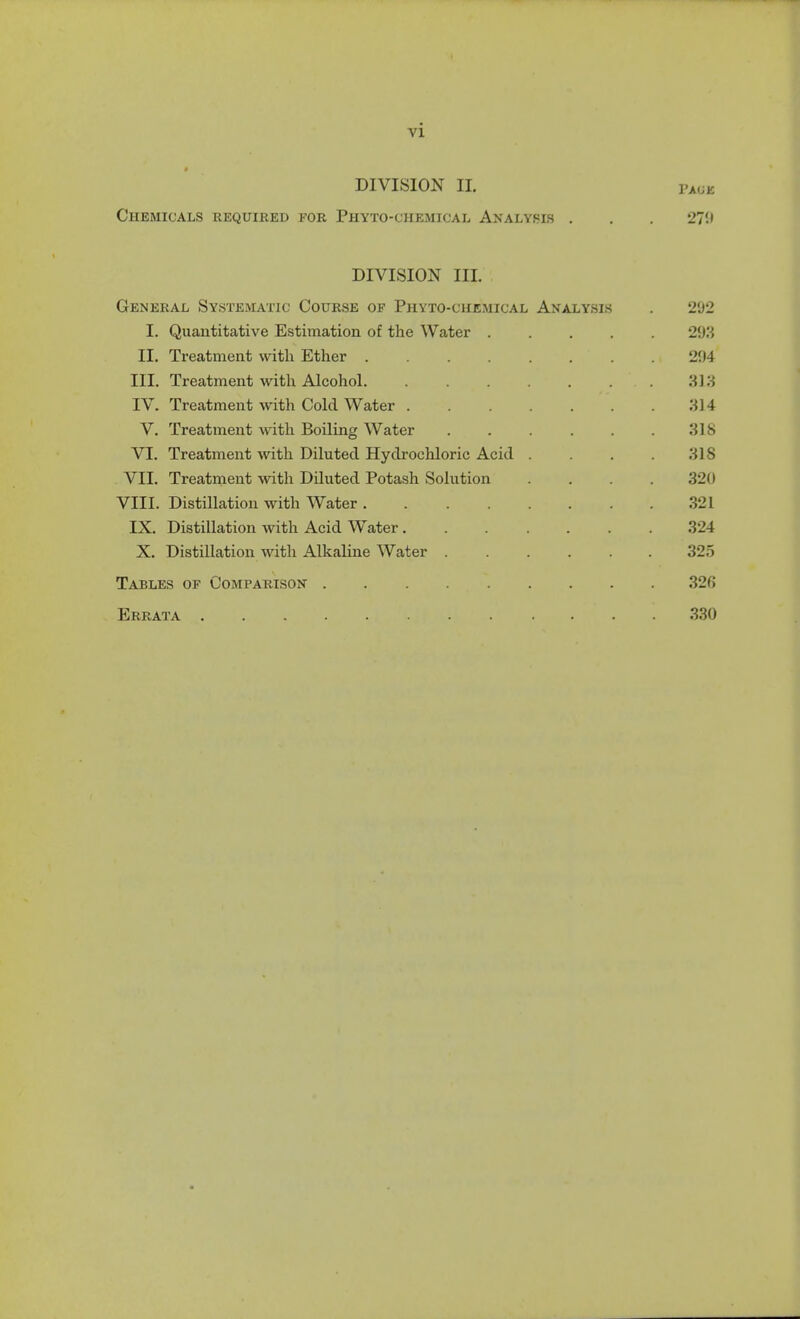 DIVISION IL i'A.jE Chemicals required for Phyto-chemical Analysis . . . 271) DIVISION III. General Systematic Course of Phyto-chemical Analysis . 202 I. Quantitative Estimation of the Water 293 II, Treatment with Ether 204 III. Treatment with Alcohol IV. Treatment with Cold Water 314 V. Treatment with Boiling Water 318 VI. Treatment with Diluted Hydrochloric Acid . . .318 VII. Treatment with Diluted Potash Solution .... 320 VIII. Distillation with Water 321 IX. Distillation with Acid Water 324 X. Distillation with Alkaline Water 325 Tables of Comparison 326 Errata 330