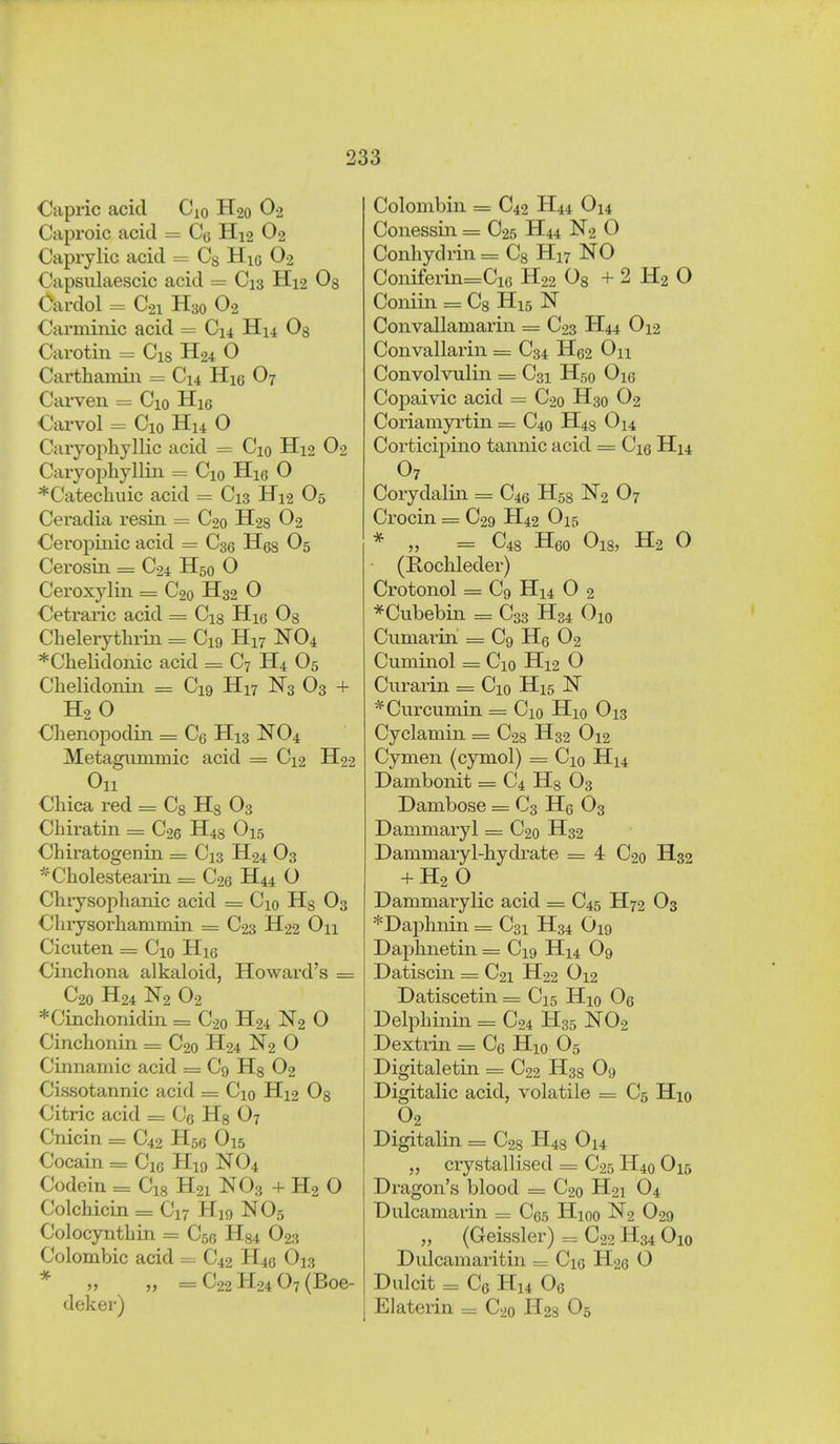 Capric acid Cio H20 O2 Caproic acid = H12 O2 Capiylic acid = Cg Hic O2 Oapsulaescic acid = C13 H12 Og Cardol = C21 H30 O2 Oarminic acid = C14 H14 Og Cai'otin = Cis H24 O Carthamiii = C14 Hie O7 Carven = Cio Hic Cai-vol = Cio Hu 0 Caiyophyllic acid = Cio H12 O2 Caryophjlliii = Cio Hie O *Catechuic acid = C13 H12 O5 Ceradia resin = C20 H28 O2 Ceropiiiic acid = C36 Hes O5 Cerosin = C24 H50 O Ceroxylin = C20 H32 O Cetraric acid = Cig Hie Os Chelerythrin = C19 H17 NO4 *Clielidonic acid = C7 H4 O5 Chelidonin = C19 H17 O3 + H2O Olienopodin = Ce H13 ^04 Metagiimmic acid — C12 H92 Chica red = Cg Hg O3 Chiratin = C26 H48 O15 Chiratogenin zi:.: C13 H24 O3 ^Cholesteariii = C26 H44 O Chrysoplianic acid = Cio Hg O3 Olirysorhammin = C23 H22 On Cicuten = Cio Hie Cinchona alkaloid, Howard's = C20 H24 N2 O2 *Cinchonidin = C20 H24 N2 O Cinclionin =^ C20 H24 N2 O Cinnamic acid = C9 Hg O2 Cissotannic acid = Cio H12 Og Citric acid = Ce Hg O7 Cnicin = C42 H56 O15 Cocain = Cic H19 NO4 Codein = Cig H21 NO3 + H2 O Colchicin = Ci7 Hi9 NO5 Colocyntbin = C56 H84 O23 Colombic acid = C42 H4o O13 * „ „ = C22 H24 O7 (Boe- deker) Colombin = C42 H44 O14 Conessin = C25 H44 N2 O Conhydrin^Cg H17 NO Coniferin=Ci6 H22 Og + 2 H2 O Coniin = Cg H15 N Convallamarin = C23 H44 O12 Convallarin = C34 H62 On Convolvulin = C31 H50 Oie Copaivic acid = C20 H30 O2 Coriamyrtin = C40 H4g O14 Corticipino tannic acid === Cie H14 O7 Corydalin = C46 Hsg N2 O7 Crocin = C29 H42 O15 * „ = C48 Heo Oig, H2 O (Rochleder) Crotonol = C9 Hi4 O 2 *Cubebin = C33 H34 Oio Cumarin = Cg He O2 Cuminol = Cio H12 O Curarin = Cio H15 N *Curcumin = Cio Hio O13 Cyclamin = C2g H32 O12 Cymen (cymol) = Cio H14 Dambonit = C4 Hg O3 Dambose = C3 He O3 Dammaryl = C20 H32 Dammaryl-hydrate — 4 C20 H32 + H2O Dammarylic acid = C45 H72 O3 *Daplinin = C31 H34 O19 Daphnetin = C19 H14 O9 Datiscin =: C21 H22 O12 Datiscetin = C15 Hio Oe Delpbinin = C24 H35 NO2 Dextrin = Ce Hio O5 Digitaletin = C22 H38 O9 Digitalic acid, volatile = C5 Hio O2 Digitalin = C28 H4g O14 ,, crystallised = C25 H40 O15 Dragon's blood = C20 H21 O4 Dulcamarin = Ces Hioo N2 O29 „ (Geissler) = C22 H34 Oiq Dulcamaritin = Cie H26 O Dulcit = Ce Hi4 Oc Elaterin = C20 H23 O5