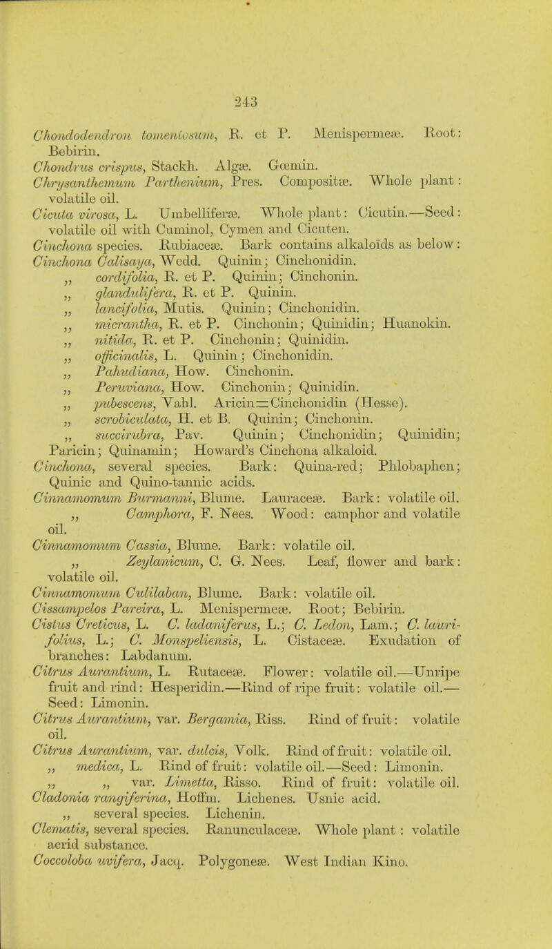 Choudodendron tomeniosuvi, R. et P. Menispermeai. Eoot: Bebiriii. Chondrus crisjms, Stackh. Algse. Gcemin. Chrysanthemuvi Farthenmm, Pres. Compositue. Whole plant: volatile oil. Clcuta virosa, h. Umbelliferce. Whole plant: Cicutin.—Seed: volatile oil with Cinninol, Cymen and Cicuten. Cinchona species. Rubiaceae. Bark contains alkaloids as below: Cinchona Calisaya, Wedd. Quinin; Cinchonidin. cordifolia, K et P. Quinin; Cinchonin. „ glanduUfera, E,. et P. Quinin. „ lancifolia, Mutis. Quinin- Cinchonidin. ,j micrantha, R. et P. Cinchonin; Quinidin; Huanokin. „ nitida, R. et P. Cinchonin; Quinidin. „ officinalis, L. Quinin; Cinchonidin. „ Pahudiana, How. Cinchonin. „ Peruviana, How. Cinchonin; Quinidin. „ imhescens, Yahl. AricinzzCinchonidin (Hesse). „ scrohicidata, H. et B. Quinin; Cinchonin. „ succiruhra, Pav. Quinin; Cinchonidin; Quinidin; Paricin; Quinamin; Howard's Cinchona alkaloid. Cinchona, several species. Bark: Quina-red; Phlobaphen; Quinic and Quino-tannic acids. Cinmimommii Bitrmanni,^\\\.me. Lauracese. Bark: volatile oil. „ Camijlhora, F. Nees. Wood: camphor and volatile oil. Cinnamomum Cassia, Blume. Bark: volatile oil. „ Zeylanicum, C. G. Nees. Leaf, flower and bark: volatile oil. Cinnamomum Cidilahan, Blume. Bark: volatile oil. Cissamjyelos Pareira, L. Menispermese. Root; Bebirin. Cistus Creticus, L. C. ladaniferus, L.; C. Ledon, Lam.; C. lauri- folius, L.; C. Monsjjeliensis, L. Cistacese. Exudation of branches: Labdanum. Citrus Aurantium, L. Rutacese. Flower: volatile oil.—Unripe fruit and rind: Hesperidin.—Rind of ripe fruit: volatile oil.— Seed: Limonin. Citrus Aurantium, var. Bergamia, Riss. Rind of fruit: volatile oil. Citrus AuA'antium, var. didcis, Volk. Rind of fruit: volatile oil. medica, Ij. Rind of fruit: volatile oil.—Seed: Limonin. „ var. Limetta, Risso. Rind of fruit: volatile oil. Cladonia rangiferina, Hofim. Lichenes. Usnic acid. „ several species. Lichenin. Clematis, several species. Ranunculacese. Whole plant: volatile acrid substance. Coccoloba uvifera, Jacq. Polygonese. West Indian Kino.