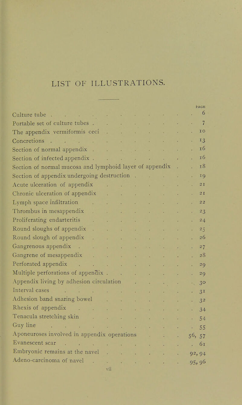 LIST OF ILLUSTRATIONS. tAGB Culture tube 6 Portable set of culture tubes 7 The appendix vermiformis ceci ...... lO Concretions • 13 Section of normal appendix ....... . 16 Section of infected appendix ....... . 16 Section of normal mucosa and lymphoid layer of appendix . . 18 Section of appendix undergoing destruction .... • 19 Acute ulceration of appendix ...... 21 Chronic ulceration of appendix ...... 21 Lymph space infiltration ....... 22 Thrombus in mesappendix ....... • 23 Proliferating endarteritis ....... ■ 24 Round sloughs of appendix ....... • 25 Round slough of appendix ....... . 26 Gangrenous appendix ........ • 27 Gangrene of mesappendix ....... . 28 Perforated appendix ........ • 29 Multiple perforations of appendix ...... • 29 Appendix living by adhesion circulation .... • 30 Interval cases ......... • 31 Adhesion band snaring bowel ...... • 32 Rhexis of appendix ........ • 34 Tenacula stretching skin ....... • 54 Guy line .......... • 55 Aponeuroses involved in appendix operations 56, 57 Evanescent scar ......... . 61 Embryonic remains at the navel 92, 94 Adeno-carcinoma of navel ....... 95, 96