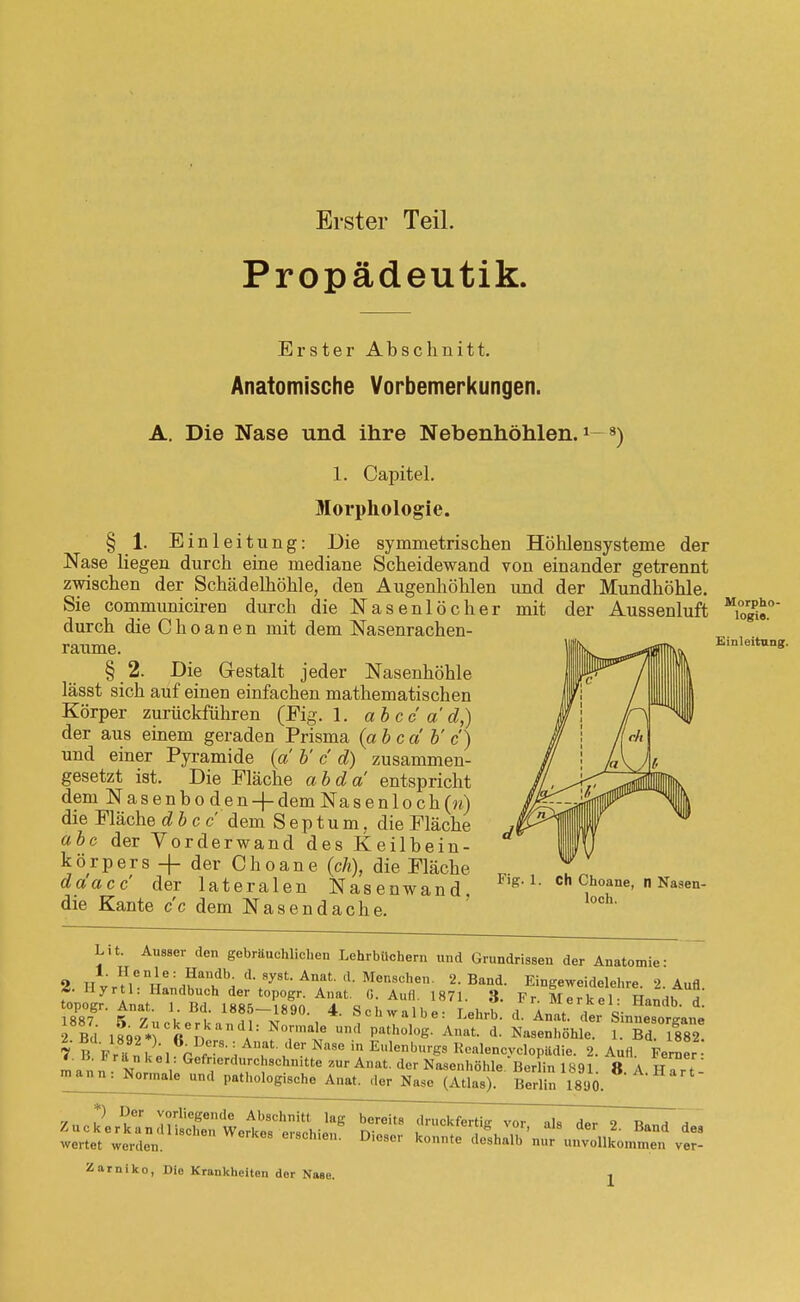 Erster Teil. Propädeutik. Erster Abschnitt. Anatomische Vorbemerkungen. A. Die Nase und ihre Nebenhöhlen.l—8) 1. Capitel. Morphologie. §1. Einleitung: Die symmetrischen Höhlensysteme der Nase liegen durch eine mediane Scheidewand von einander getrennt zwischen der Schädelhöhle, den Augenhöhlen und der Mundhöhle. Sie communiciren durch die Nasenlöcher mit der Aussenluft durch die Choanen mit dem Nasenrachen- räume. § 2. Die Gestalt jeder Nasenhöhle lässt sich auf einen einfachen mathematischen Körper zurückführen (Fig. 1. abce'a'd,) der aus einem geraden Prisma {abc d b' c) und einer Pyramide (d V c d) zusammen- gesetzt ist. Die Fläche ab da entspricht dem Nasenboden-}-demNasenloch(«) die Fläche dbcc dem Septum, die Fläche abc der Yorderwand des Keilbein- körpers + der Choane (ch), die Fläche daacc der lateralen Nasenwand, die Kante c'c dem Nasendache. Morpho- logie. Einleitung. Ch Choane, loch. n Nasen- Lit. Ausser den gebräuchlichen Lehrbüchern und Grundrissen der Anatomie 2 Ilvrt'l Vi!',? l\Sy8t'Anf'<l- Men80hen- 2-Band- Eingeweidelehre. 2. Aufl. &> Hyrtl: Handbuch der topogr. Anat. 0. Aufl. 1871. 3. Fr. Merkel- HandhH tt v 1885-1890' Schwalbe: Lehrb. d. Anat der SWsorffane Bd l,892Z*;,CßenkandÄ1: fT* Un Path0l°S- A,lilt d- Nasenhöhle l bT\171 \ B Fr « ! uL, 6rD,C-81:, AT :'er Nase in Enlenburge Realenoyclopitdie. 2. Aufl. Ferner