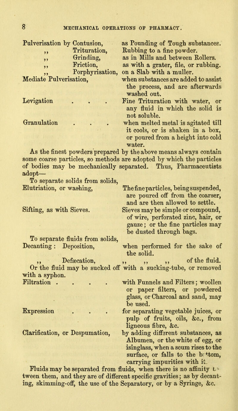 Pulverisation by Contusion, ,, Trituration, ,, Grrinding, ,, Friction, as Pounding of Tough substances. Eubbing to a fine powder, as in Mills and between Rollers, as with a grater, file, or rubbing. ,, Porpbyrisation, on a Slab with a muUer. Mediate Pulverisation, when substances are added to assist the process, and are afterwards washed out. Levigation , . . Fine Trituration with water, or any fluid in which the solid is not soluble. Granulation . . . when melted metal is agitated till it cools, or is shaken in a box, or poured from a height into cold water. As the finest powders prepared by the above means always contain some coarse particles, so methods are adopted by which the particles of bodies may be mechanically separated. Thus, Pharmaceutists adopt- To separate solids from solids, Elutriation, or washing. The fine particles, being suspended, are poured off from the coarser, and are then allowed to settle. Sieves maybe simple or compound, of wire, perforated zinc, hair, or gauze; or the fine particles may be dusted through bags. when performed for the sake of the solid. ,,,,,, of the fluid. Or the fluid may be sucked off with a sucking-tube, or removed with a syphon. ~  with Funnels and Filters; woollen or paper filters, or powdered glass, or Charcoal and sand, may be used. for separating vegetable juices, or pulp of fruits, oils, &c., from ligneous fibre, &c. Clarification, or Despumation, by adding different substances, as Albumen, or the white of egg, or isinglass, when a scum rises to the surface, or falls to the br^^^tom, carrying impurities with it. Fluids may be separated from fluids, when there is no affinity l - tween them, and they are of different specific gravities; as by decant- ing, skimming-off, the use of the Separatory, or by a Syringe, &c. Sifting, as with Sieves. To separate fluids from solids, Decanting: Deposition, Defsecation, Filtration