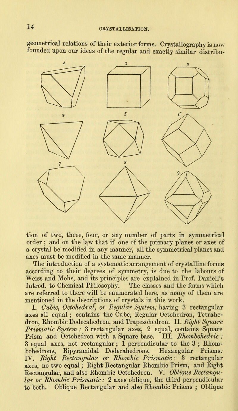 CRYSTALLISATION. geometrical relations of their exterior forms. Crystallography is now founded upon our ideas of the regular and exactly similar distribu- tion of two, three, four, or any numher of parts in symmetrical order ; and on the law that if one of the primary planes or axes of a crystal be modified in any manner, all the symmetrical planes and axes must be modified in the same manner. The introduction of a systematic arrangement of crystalline forms according to their degrees of symmetry, is due to the labours of Weiss and Mohs, and its principles are explained in Prof. Daniell's Introd. to Chemical Philosophy. The classes and the forms which are referred to there will be enumerated here, as many of them are mentioned in the descriptions of crystals in this work. I. Cubic, Octohedral, or Regular System, having 3 rectangular axes all equal; contains the Cube, Kegular Octohedron, Tetrahe- dron, Rhombic Dodecahedron, and Trapezohedron. II. Right Square Prismatic System: 3 rectangular axes, 2 equal, contains Square Prism and Octohedron with a Square iDase. III. Rhombohedric : 3 equal axes, not rectangular; 1 perpendicular to the 3 ; Rhom- bohedrons, Bipyramidal Dodecahedrons, Hexangular Prisms. IV. Right Rectangular or Rhombic Prismatic: 3 rectangular axes, no two equal; Right Rectangular Rhombic Prism, and Right Rectangular, and also Rhombic Octohedron. V. Oblique Rectangu- lar or Rhombic Prismatic: 2 axes oblique, the third perpendicular to both. Oblique Rectangular and also Rhombic Prisms ; Oblique