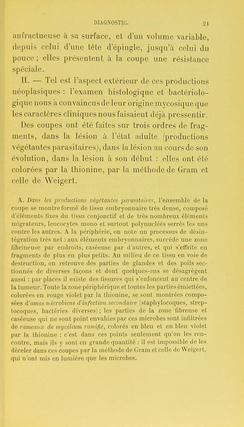 anfractueuse à sa surface, et d'un volume variable, depuis celui d'une tête d'épingle, jusqu'à celui du pouce ; elles présentent à la coupe une résistance spéciale. II- — Tel est l'aspect extérieur de ces productions néoplasiques : l'examen histologique et bactériolo- gique nous a convaincus de leur origine mycosique que les caractères cliniques nous faisaient déjà pressentir. Des coupes ont été faites sur trois ordres de frag- ments, dans la lésion à l'état adulte (productions végétantes parasitaires), dans la lésion au cours de son évolution, dans la lésion à son début : elles ont été colorées par la thionine, par la méthode de Gram et celle de Weigert. A. Da7ïs les productions végétantes parasitaires, l'ensemble de la coupe se montre formé de tissu embryonnaire très dense, composé d'éléments fixes du tissu conjonctif et de très nombreux éléments migrateurs, leucocytes mono et surtout polynucléés serrés les uns contre les autres. A la périphérie, on note un processus de désin- tégration très net : aux éléments embryonnaires, succède une zone fibrineuse par endroits, caséeuse par d'autres, et qui s'effrite en fragments de plus en plus petits. Au milieu de ce tissu en voie de destruction, on retrouve des parties de glandes et des poils sec- tionnés de diverses façons et dont quelques-uns se désagrègent aussi : par places il existe des fissures qui s'enfoncent au centre de la tumeur. Toute la zone périphérique et toutes les parties émiettées, colorées en rouge violet par la thionine, se sont montrées compo- sées d'amas microbiens d'infection secondaire (staphylocoques, strep- tocoques, bactéries diverses); les parties de la zone fibreuse et caséeuse qui ne sont point envahies par ces microbes sont infiltrées de rameaux de mycélium ramifié, colorés en bleu et en bleu violet par la thionine : c'est dans ces points seulement qu'on les ren- contre, mais ils y sont en grande quantité : il est impossible de les déceler dans ces coupes par la méthode de Gram et celle de Weigert, qui n'ont mis en lumière que les microbes.