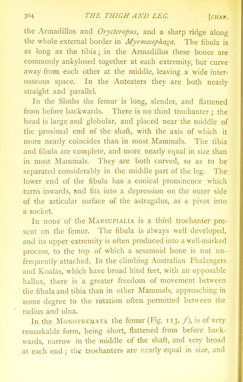 the Armadillos and Oryderopus, and a sharp ridge along the whole external border in Myrmecophaga. The fibula is as long as the tibia; in the Armadillos these bones are commonly ankylosed together at each extremity, but curve away from each other at the middle, leaving a wide inter- osseous space. In the Anteaters they are both nearly straight and parallel. In the Sloths tlie femur is long, slender, and flattened from before backwards. There is no third trochanter ; the head is large and globular, and placed near the middle of the proximal end of the shaft, with the axis of which it more nearly coincides than in most Mammals. The tibia and fibula are complete, and more nearly equal in size than in most Mammals. They are both curved, so as to be separated considerably in the middle part of the leg. The lower end of the fibula has a conical prominence which turns inwards, and fits into a depression on the outer side of the articular surface of the astragalus, as a pivot into a socket. In none of the Marsupialia is a third trochanter pre- sent on the femur. The fibula is always well developed, and its upper extremity is often produced into a well-marked process, to the top of which a sesamoid bone is not nn- frequently attached. In the climbing Australian Phalangers and Koalas, which have broad hind feet, with an oj^posable hallux, there is a greater freedom of movement between the fibula and tibia than in other Mammals, approaching in some degree to the rotation often permitted between the radius and ulna. In the MoNOTREMATA the femur (Fig. 113, /), is of very remarkable form, being short, flattened from before back- wards, narrow in the middle of the shaft, and very broad at each end ; the trochanters are nearly equal in size, and