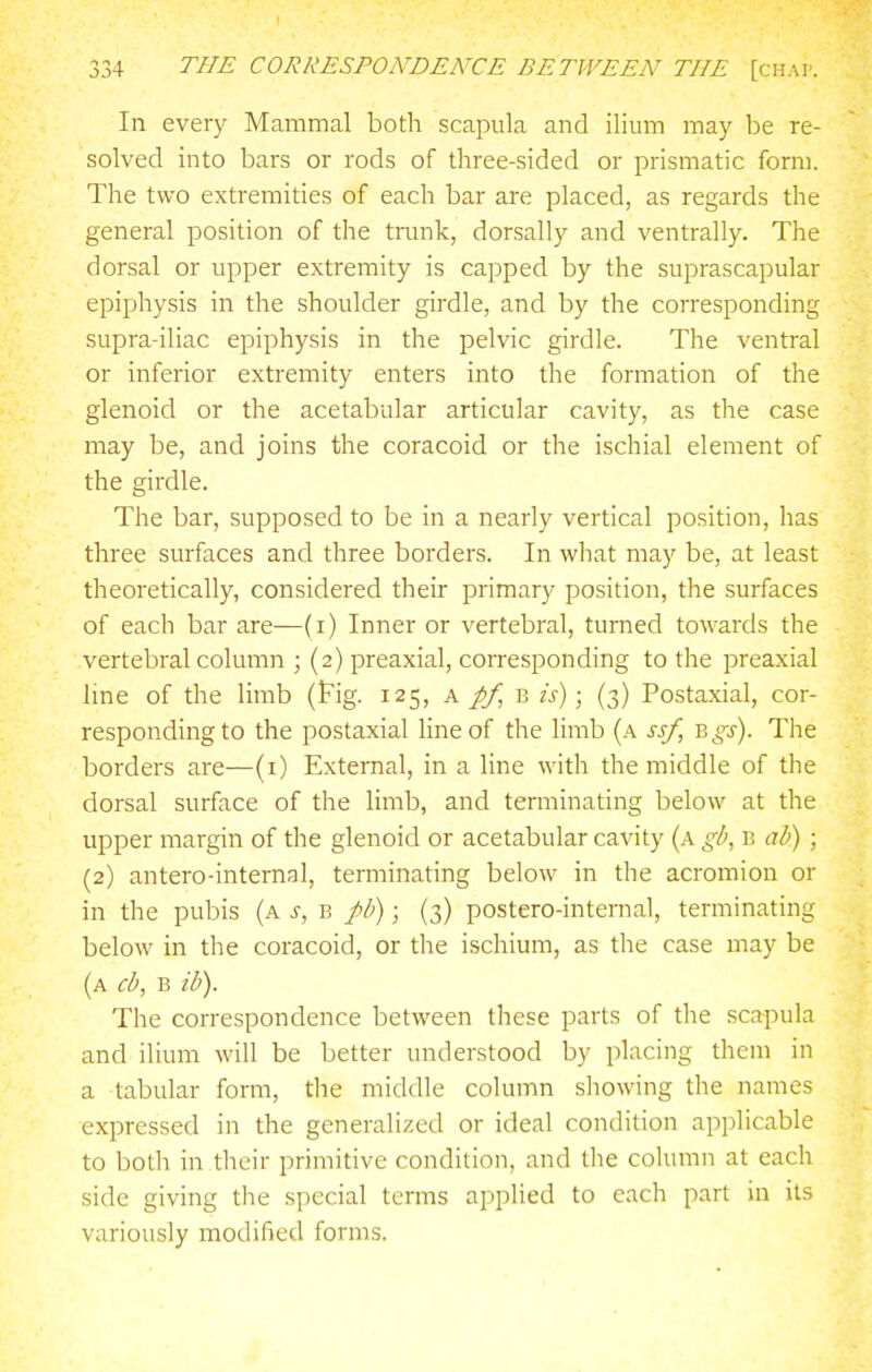 In every Mammal botli scapula and ilium may be re- solved into bars or rods of three-sided or prismatic form. The two extremities of each bar are placed, as regards the general position of the tnmk, dorsally and ventrally. The dorsal or upper extremity is capped by the suprascapular epiphysis in the shoulder girdle, and by the corresponding supra-iliac epiphysis in the pelvic girdle. The ventral or inferior extremity enters into the formation of the glenoid or the acetabular articular cavity, as the case may be, and joins the coracoid or the ischial element of the girdle. The bar, supposed to be in a nearly vertical position, has three surfaces and three borders. In what may be, at least theoretically, considered their primary position, the surfaces of each bar are—(i) Inner or vertebral, turned towards the vertebral column ; (2) preaxial, corresponding to the preaxial line of the limb (tig. 125, a pf,v, is); (3) Postaxial, cor- responding to the postaxial line of the limb (a ssf, '&gs). The borders are—(i) External, in a line with the middle of the dorsal surface of the limb, and terminating below at the upper margin of the glenoid or acetabular cavity (a gb, b ah) ; (2) antero-internal, terminating below in the acromion or in the pubis (a s, b fb); (3) postero-internal, terminating below in the coracoid, or the ischium, as the case may be (a cb, B ib). The correspondence between these parts of the scapula and ilium will be better understood by placing them in a tabular form, the middle column showing the names expressed in the generalized or ideal condition applicable to both in their primitive condition, and the column at each side giving the special terms applied to each part in its variously modified forms.