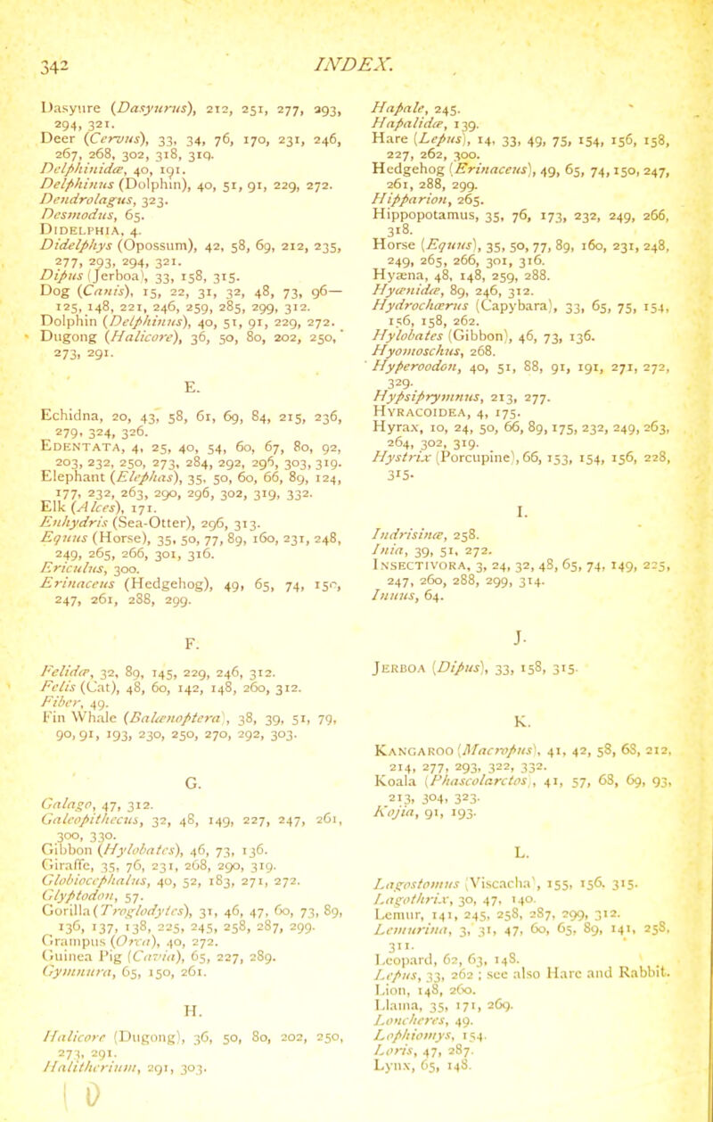 Dasy.ire (Dasyiirus), 212, 251, 277, 393, 294, 321. Deer {Ccrvus), 33, 34, 76, 170, 231, 246, 267, 268, 302, 318, 319. Dclpliinidce^ 40, 191. Delphiuiis (Dolphin), 40, 51, 91, 229, 272. Dendrolagus, 323. Dcsjitodiis, 65. DlDELPHIA, 4. Didelphys (Opossum), 42, 58, 69, 212, 235, 277, 293, 294, 321. Dipus (Jerboa), 33, 158, 315. Dog (Cam's), 15, 22, 31, 32, 48, 73, 96— 125, 148, 221, 246, 259, 285, 299, 312. Dolphin {Deljihitins), 40, 51, gi, 229, 272. Dugong {Halicore), 36, 50, 80, 202, 250, 273, 291. E. Echidna, 20, 43, 58, 6r, 69, 84, 215, 236, 279. 324. 3=6. Edentata, 4, 25, 40, 54, 60, 67, 80, 92, 203, 232, 250, 273, 284, 292, 296, 303,319. Elephant {Ehp/ias), 35. 50, 60, 66, 89, 124, 177, 232, 263, 290, 296, 302, 319, 332. Elk (Alces), 171. j5'«/ya'?-/.t (Sea-Otter), 296, 313. Eqnus (Horse), 35, 50, 77, 89, 160, 231, 248, 249, 265, 266, 301, 316. Ericuliis, 300. Erliiaceus (Hedgehog), 49, 65, 74, x^c, 247, 261, 288, 299. F. E''elider^ 32, 89, 145, 229, 246, 312. Fc/is (Cat), 48, 60, 142, 148, 260, 312. Fiber, 49, Fin Whale {Bahenoptera), 38, 39, 51, 79, 90,91, 193, 230, 250, 270, 292, 303. G. Galagp, 47, 312. Galcppithcciii, 32, 48, 149, 227, 247, zGi, 300. 330. Gibbon {Hylohatcs), 46, 73, 136. Giraffe, 35, 76, 231, 268, 290, 319. Glolnociphahis, 40, 52, 183, 271, 272. Glyptodon, 57. QwWXACrroglodyics), 31, 46, 47, 60, 73, 89, I3<J. 137, 138, 225. 245. 258, 287, 299. Grampus {prca\ 40, 272. (luinea Pig {Cn'i(i), 65, 227, 289. Gyinnurn, 65, 150, 261. H. Halicore (Diigong), 36, 50, 80, 202, 250, 273, 291. Halitlwriiiiit, 291, 303. Hapcile, 245. Hapalidcp, 139. Hare (Lepiis), 14, 33, 49, 75, 154, 156, 158, 227, 262, 300. Hedgehog (Ermaceus), 49, 65, 74,150, 247, 261, 288, 299. Hipparioii, 265. Hippopotamus, 35, 76, 173, 232, 249, 266, 318. Horse (Eqiins), 35, 30, 77, 89, 160, 231, 248, 249, 265, 266, 301, 316. Hyxna, 48, 148, 259, 288. Hycenidee, 89, 246, 312. Hydrocluerus (Capybara), 33, 65, 75, 154, 156, 158, 262. Hylobaies (Gibhon\ 46, 73, 136. Hyottiosckus^ 268. Hyperoodon, 40, 51, 88, 91, 191, 271, 272, 329- Hypsiprymnus, 213, 277. Hyracoidea, 4, 175. Hyra.\, 10, 24, 50, 66, 89,175, 232, 249, 263, 264, 302, 319. (Porcupine), 66, 153, 154, 156, 228, 315- I. Indrisini^, 258. Inia, 39, 51, 272, Insectivora, 3, 24, 32, 4S, 65, 74, 149, 225, 247, 260, 288, 299, 314. I/inus, 64. J- JuRBOA [Dipus], 33, 158, 315. K. Kangaroo (ilfrtf41, 42, 58, 6S, 212. 214, 277, 293, 322, 332. Koala [P/iascolarctos,, 41, 57, 63, 69, 93, 213. 304. 323- Koj'ia, 91, 193. L. Lnsrostctmus JViscaclia', 155, 156. 315. I.agflthri.v, 30, 47, 140. Lemur, 141, 245, 258, 287, 299, 312. Lciiiurinii, 3, 31, 47, 60, 65, 89, 141, 25S. 3- Leopard, 62, 63, 14S. Ltptis, 33, 262 ; see also Hare and Rabbit. Lion, 148, 260. Llama, 35, 171, 269. Loucitcjys, 49. Lopltiomys, 154. Loris, 47, 287. Lyn.v, 65, 148.