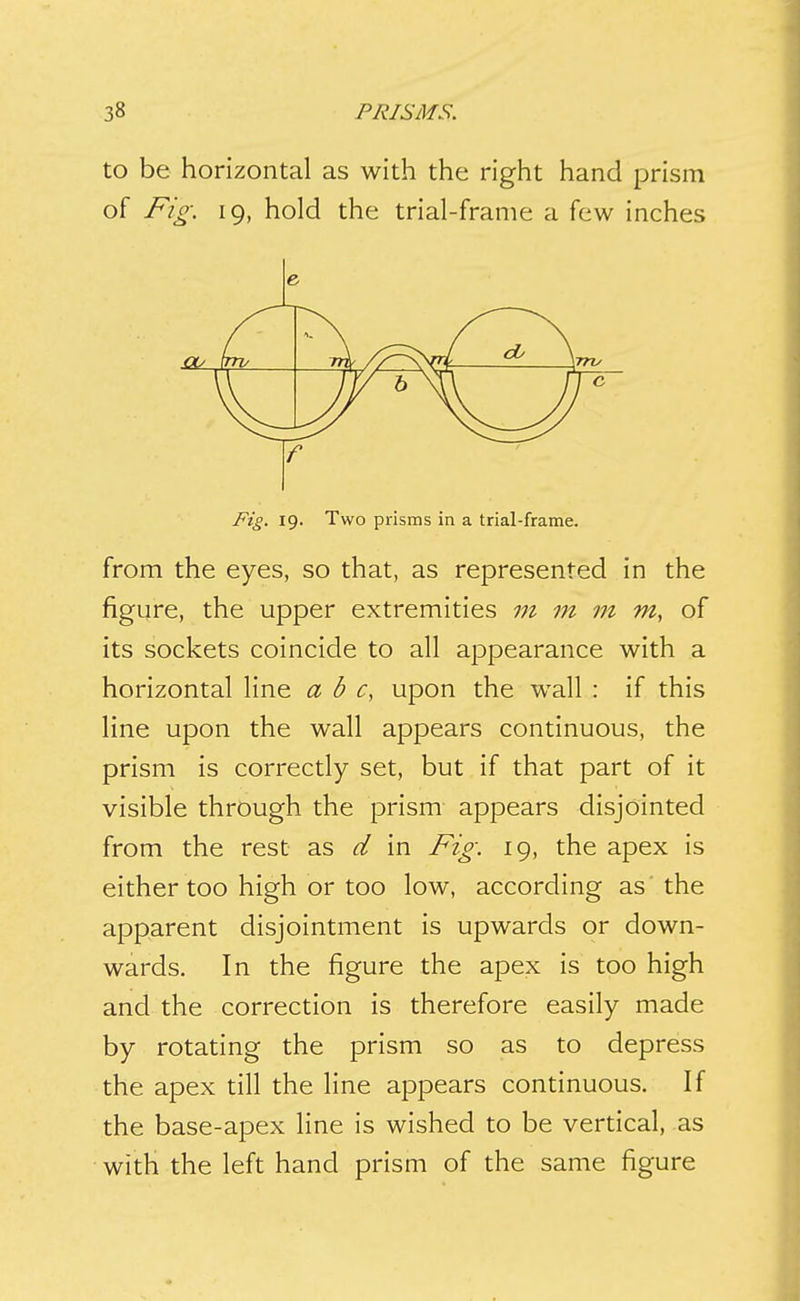 to be horizontal as with the right hand prism of Fig. 19, hold the trial-frame a few inches f 6 Fig. 19. Two prisms in a trial-frame. from the eyes, so that, as represented in the figure, the upper extremities m m m m, of its sockets coincide to all appearance with a horizontal line a b upon the wall : if this line upon the wall appears continuous, the prism is correctly set, but if that part of it visible through the prism appears disjointed from the rest as d in Fig. 19, the apex is either too high or too low, according as the apparent disjointment is upwards or down- wards. In the figure the apex is too high and the correction is therefore easily made by rotating the prism so as to depress the apex till the line appears continuous. If the base-apex line is wished to be vertical, as with the left hand prism of the same figure