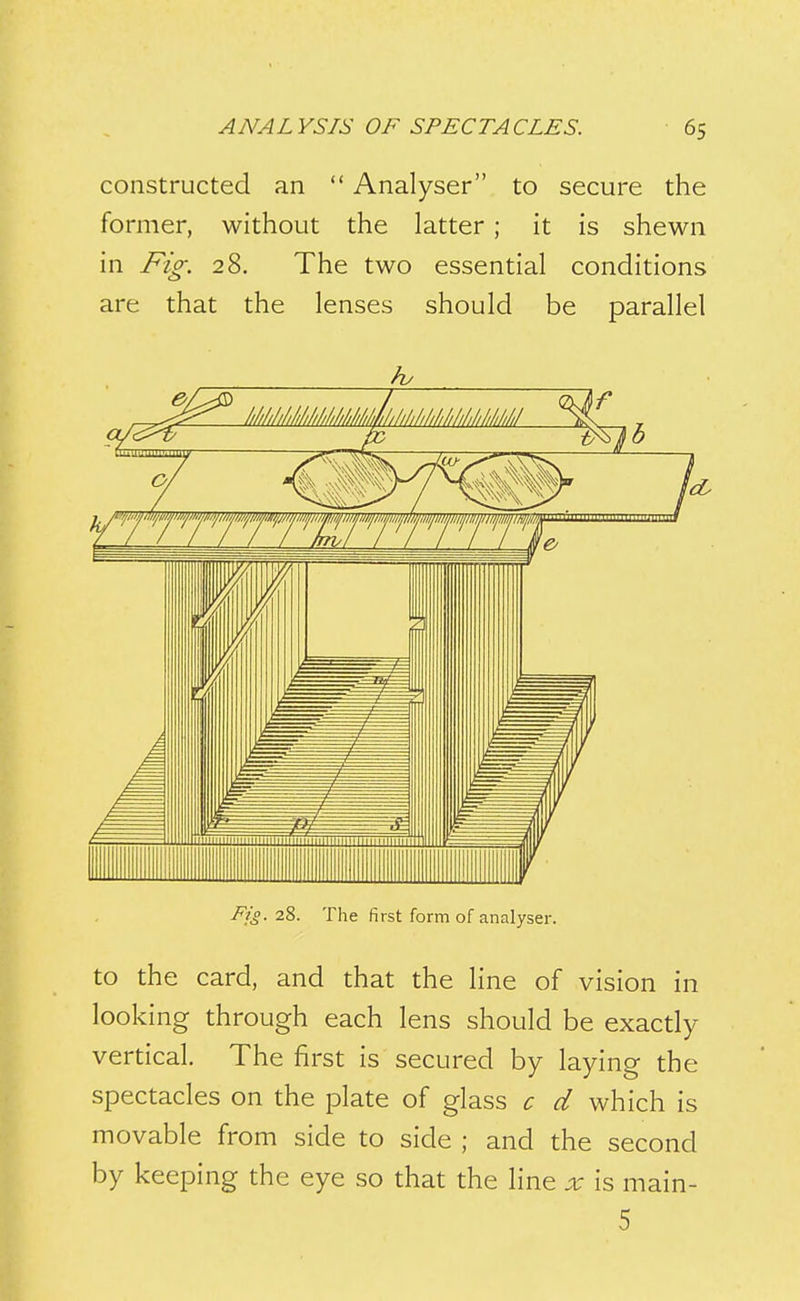 constructed an  Analyser to secure the former, without the latter; it is shewn in Fig. 28. The two essential conditions are that the lenses should be parallel Fio.z%. The first form of analyser. to the card, and that the line of vision in looking through each lens should be exactly vertical. The first is secured by laying the spectacles on the plate of glass c ci which is movable from side to side ; and the second by keeping the eye so that the line x is main- 5