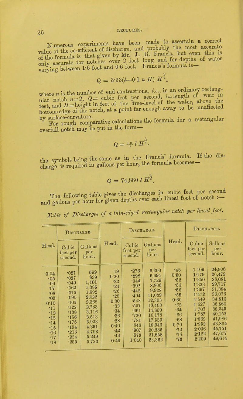 2Q I.ECTURES. Numerous experiments have been made to ascertain a correct ,,.1,^ nTthe co-efficient of discharge, and probably the most accurate ..'I^T !.in nWhatj?ivenby Mr J. B. Francis, but even this is or'n^^^^^^^^^^ 2 feet long and for depths of water varying Stween 1'6 foot and 0-6 foot. Francis's foimula is- Q = 3-33(^—0-1 n H) where n is the number of end contractions, i.e.^ in an ordinary rectan^- nlnrnotch n = 2, Q= cubic feet per second, ^^length of weir m l^t and iriheight in feet of the free-level of the water, above the bott'omidfe of the notch, at a point far enough away to be unaffected F^rTo^Xco^ ' overfall notch may be put m the form— the svmbols being the same as in the Francis' formula. If the dis- ctrgHs required in gallons per hour, the formula becomes- Q = 74,880 / 5^. The following table gives the discharges in cubic feet P^r second and gallons per hour forgiven depths over each lineal foot of notcn Table of Discharges of a thin-edged rectangular notch per lineal foot. Head. 004 •05 •06 •07 •08 •09 0-10 •11 •12 •13 •14 •15 •16 •17 •18 DiSCHAEGE. Cubic feet per second. Gallons per hour. Head. DiSCHAEGE. Cubic feet per second. Gallons per hour. •027 •037 •049 •062 •075 ■090 •105 •122 •138 •156 •175 •194 •213 •234 •255 599 839 1,101 3,385 1,692 2,022 2,368 2,733 3,116 8,513 3,923 4,351 4,793 6,249 5,722 •19 0-20 •22 •24 •26 •28 0-30 •32 ■34 •36 •38 0-40 ■42 •44 0-46 •276 •298 •344 •393 •442 •494 •548 ■597 •661 •720 ■781 •843 •907 •973 ro40 6,200 6,694 7,729 8,806 9,928 11,029 12,303 13,403 14,850 16,178 17,539 18,946 20,385 21,868 23,362 DiSCHAEGE. Head. Cubic Gallons feet per per second. hour. •48 1-109 24,906 0^60 ri79 26,479 •52 1-250 28,081 •54 1-323 29,717 •56 1397 31,384 •68 1-472 33,076 0-60 1-549 34,810 •62 1-627 36.660 ■64 1-707 38,345 •66 1-787 40,15a •68 1-869 41,986 ©■70 1-952 43.864 •72 •74 2036 45.751 2-122 47,677 •76 2-209 49,614