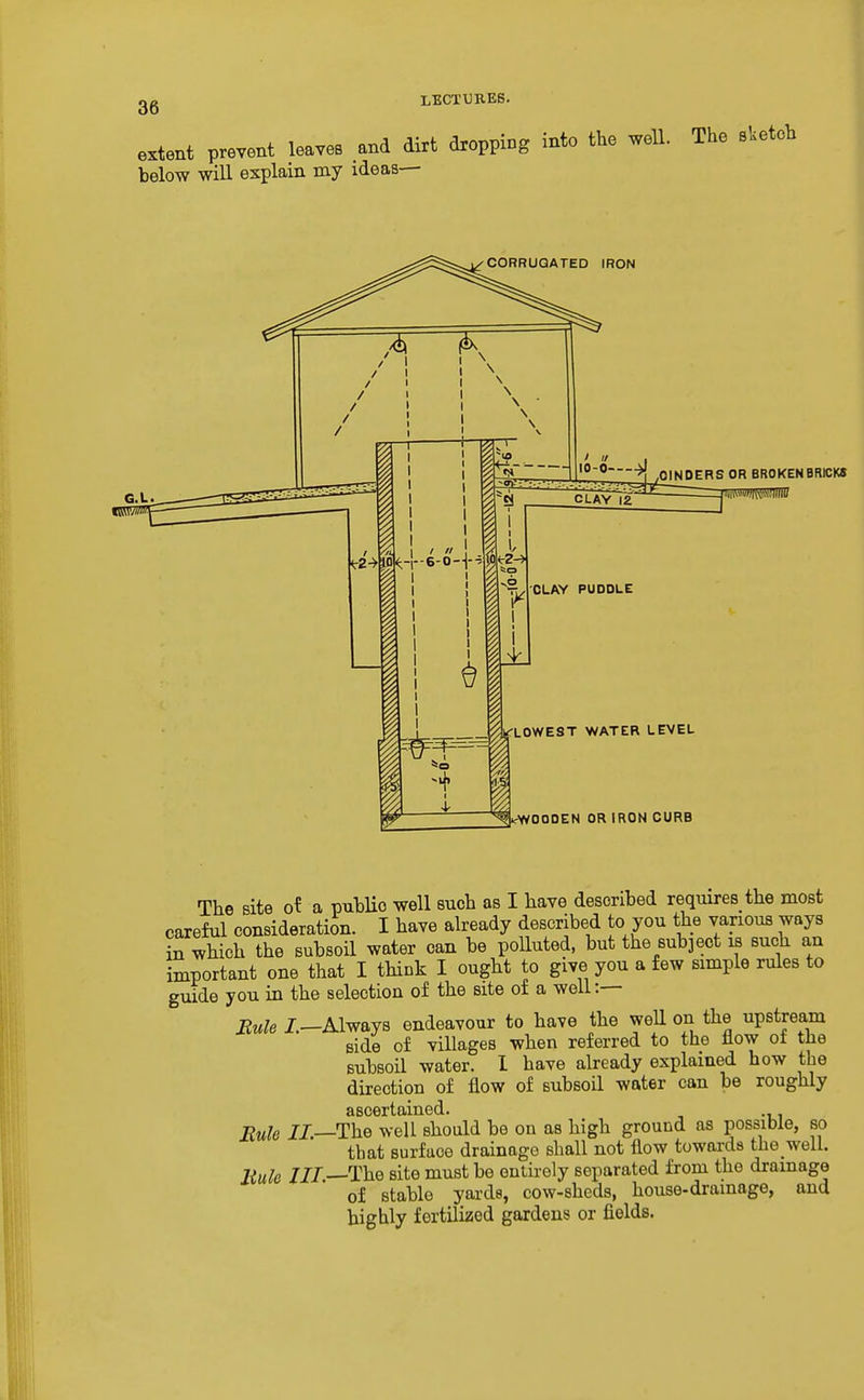 extent prevent leaves and dirt dropping into the well. The sUetoh below will explain my ideas— CORRUGATED IRON 10-0——^ ,OINDERSOR BR0KENBBICK5 CLAY 12 ^/CLAY PUDDLE LOWEST WATER LEVEL -WOODEN OR IRON CURB The Bite of a pubHo well such as I have described requires the most careful consideration. I have already described to you the various ways in which the subsoil water can be polluted, but the subject is such an important one that I think I ought to give you a few simple rules to guide you in the selection of the site of a well:— iJt^?e/.—Always endeavour to have the well on the upstream side of villages when referred to the flow of the subsoil water. 1 have already explained how the direction of flow of subsoil water can be roughly ascertained. Rule //.—The well should be on as high ground as possible, so that surface drainage shall not flow towards the well. link ///—The site must be eulirely separated from the drainage of stable yards, cow-sheds, house-dramage, and highly fertilized gardens or fields.