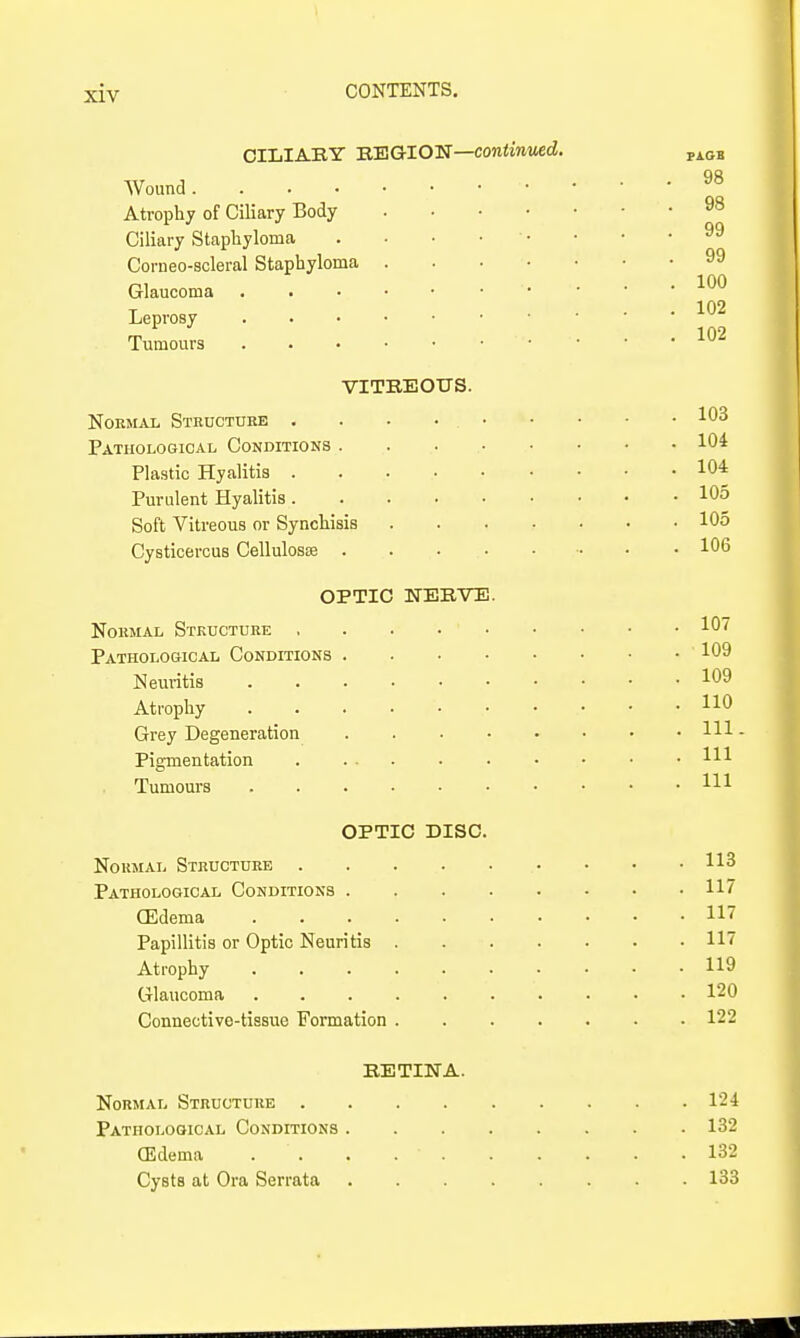 CIIilABY n'SaiON—continued. PA.GB Wound • * ■ -98 Atrophy of Ciliary Body Ciliary Staphyloma . • • • • • • • Corneo-scleral Staphyloma 99 Glaucoma Leprosy Tmnours VITBEOITS. Normal Structure . . . 103 Pathological Conditions . . 104 Plastic Hyalitis 104 Purulent Hyalitis 105 Soft Vitreous or Synchisis 105 Cysticercus Cellulosse 106 OPTIC NEBVE. Normal Structure 107 PATHOLOaiCAL CONDITIONS 109 Nemitis 109 Atrophy HO Grey Degeneration IH- Pigmentation HI Tumours HI OPTIC DISC. Normal Structure 113 Pathological Conditions 117 GEdema 117 Papillitis or Optic Neuritis 117 Atrophy 119 Glaucoma 120 Connective-tissue Formation 122 BETINA. Normal Structure 124 Pathological Conditions 132 CEdema 132 Cysts at Ora Serrata 133
