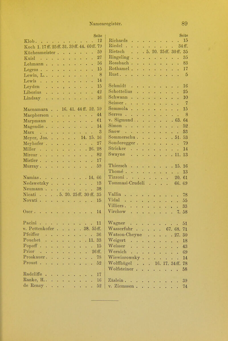 Seite 12 Koch 1.17ff. 25ff. 31.39ff. 44. GOff. 79 Küchenmeister 59 27 1 T T Q 1A Leyden . . ■1 er • , 15 A O 1 C Macnamara . . 16. 41. 44 ff. 52. 59 14 Meyer, Jos. . . . . . 14. 15. 16 82 17 59 38 Nicati . . . 5. 20. 25 ff. 30 ff. 35 V. Pettenkofer 38. 55 ff. Popoff . . . de Renzy . . 52 Seite Richards 15 Riedel 34 ff. Rietsch ... 5. 20. 25 ff. 30ff. 35 Ringeling 35 Rossbach 83 Rothamel 17 Rust 5 Schmidt 16 Schottelius 25 Schwann 10 Seisser 7 Semmola 15 Serres 8 V. Sigmund 63. 64 Simon 52 Snow 53 Sommerschu 61. 53 Sonderegger 79 Stricker 14 Swayne 11. 13 Thiersch 15. 16 Thome 13 Tizzoni 20. 61 Tommasi-Crudeli .... 66. 69 Vallin 78 Vidal 55 Villiers 33 Virchow 7. 58 Wagner 51 Wasserfuhr 67. 68. 71 Watson-Cheyne 27. 30 Weigert 18 Weisser 43 Wernich 69 Wiewiorowsky 14 Wolffhügel ... 16. 17. 34ff. 78 Wolfsteiner 58 Zäslein 39 V. Ziemssen 74