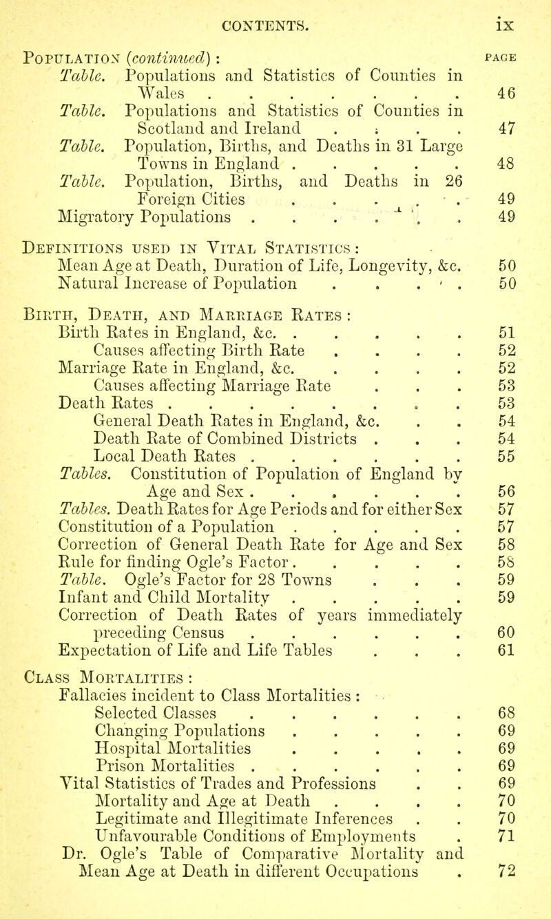 Population {continued): pace Tabic. Populations and Statistics of Counties in Wales 46 Tabic. Populations and Statistics of Counties in Scotland and Ireland ; . . 47 Table. Population, Births, and Deaths in 31 Large Towns in England ..... 48 Tabic. Population, Births, and Deaths in 26 Foreign Cities . . . ■ . 49 Migratory Populations . . . . ^ '. . 49 Definitions used in Vital Statistics : Mean Age at Death, Duration of Life, Longevity, &c. 50 Natural Increase of Population . . . ' . 50 Birth, Death, and Marriage Rates : Birth Rates in England, &c 51 Causes affecting Birth Rate .... 52 Marriage Rate in England, &c. .... 52 Causes affecting Marriage Rate ... 53 Death Rates ...... . . 53 General Death Rates in England, &c. . . 54 Death Rate of Combined Districts ... 54 Local Death Rates 55 Tables. Constitution of Population of England by Age and Sex 56 Tables. Death Rates for Age Periods and for either Sex 57 Constitution of a Population . . . . . 57 Correction of General Death Rate for Age and Sex 58 Rule for finding Ogle's Factor ..... 58 Table. Ogle's^Factor for 28 Towns ... 59 Infant and Child Mortality 59 Correction of Death Rates of years immediately preceding Census . . . . . . 60 Expectation of Life and Life Tables . . . 61 Class Mortalities : Fallacies incident to Class Mortalities : Selected Classes ...... 68 Changing Populations . . . . . 69 Hospital Mortalities 69 Prison Mortalities . . . . . . 69 Yital Statistics of Trades and Professions . . 69 Mortality and Age at Death .... 70 Legitimate and Illegitimate Inferences . . 70 Unfavourable Conditions of Employments . 71 Dr. Ogle's Table of Comparative Mortality and Mean Age at Death in different Occupations . 72