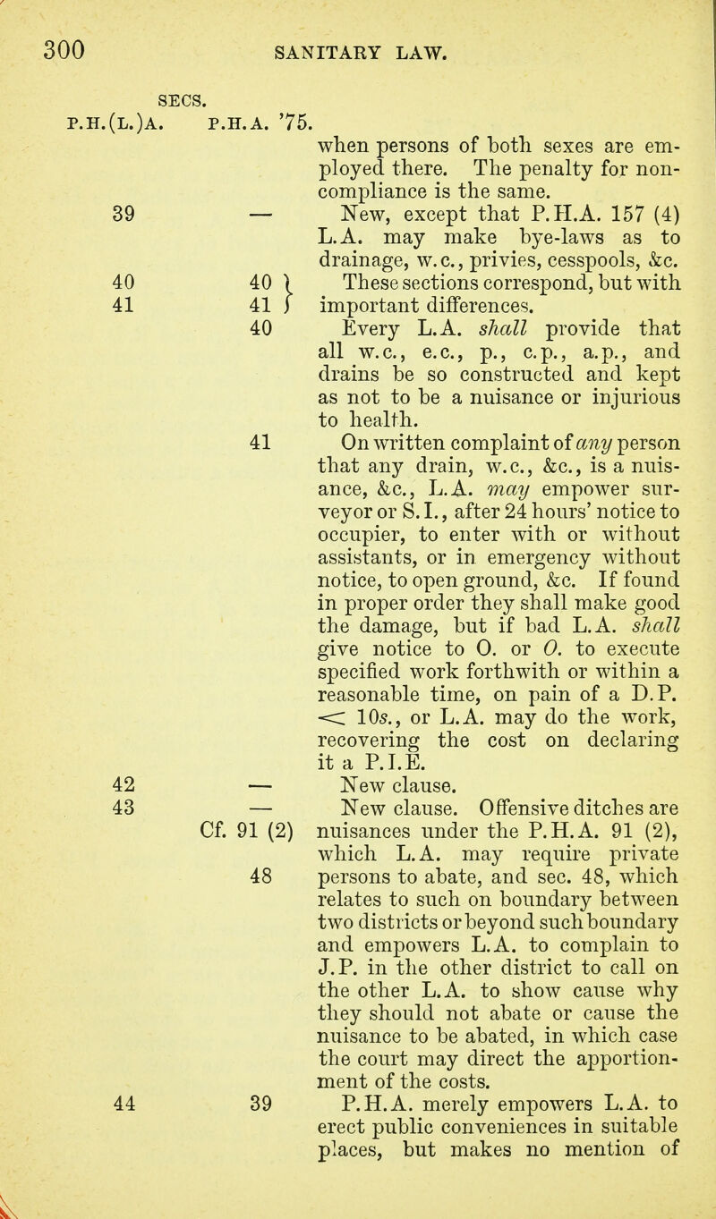 SECS. p.h.(l.)a. p.h.a. 75. when persons of both sexes are em- ployed there. The penalty for non- compliance is the same. 39 —- New, except that P.H.A. 157 (4) L.A. may make bye-laws as to drainage, w. c., privies, cesspools, &c. 40 40 ) These sections correspond, bnt with 41 41 ) important differences. 40 Every L.A. shall provide that all w.c, e.c, p., c.p., a.p., and drains be so constructed and kept as not to be a nuisance or injurious to health. 41 On written complaint of any person that any drain, w.c, &c, is a nuis- ance, &c, L.A. may empower sur- veyor or S. I., after 24 hours' notice to occupier, to enter with or without assistants, or in emergency without notice, to open ground, &c. If found in proper order they shall make good the damage, but if bad L.A. shall give notice to O. or 0. to execute specified work forthwith or within a reasonable time, on pain of a D.P. < 105., or L.A. may do the work, recovering the cost on declaring it a P.I.E. 42 — New clause. 43 — New clause. Offensive ditches are Cf. 91 (2) nuisances under the P.H.A. 91 (2), which L.A. may require private 48 persons to abate, and sec. 48, which relates to such on boundary between two districts or beyond such boundary and empowers L.A. to complain to J. P. in the other district to call on the other L.A. to show cause why they should not abate or cause the nuisance to be abated, in which case the court may direct the apportion- ment of the costs. 44 39 P.H.A. merely empowers L.A. to erect public conveniences in suitable places, but makes no mention of