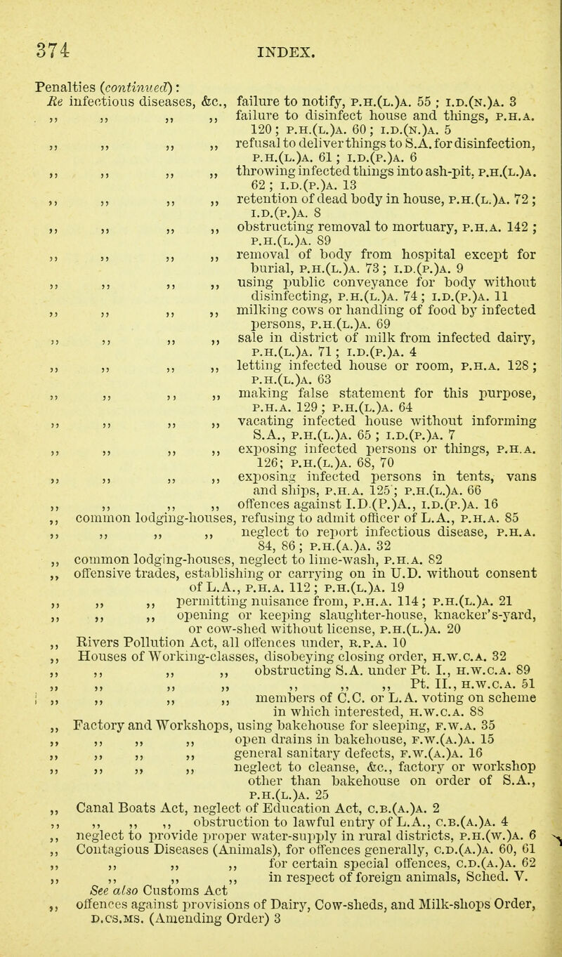 Penalties (continued): Re infectious diseases, &c, failure to notify, p.h.(l.)a. 55 ; i.d.(n.)a. 3 failure to disinfect house and things, p.h.a. 120; p.h.(l.)a. 60; i.d.(n.)a. 5 ,, refusal to deliver things to S. A. for disinfection, p.h.(l.)a. 61; i.d.(p.)a. 6 ,, throwing infected things into ash-pit. p.h.(l.)a. 62 ; i.d.(p.)a. 13 ,, retention of dead body in house, p.h.(l.)a. 72 ; i.d.(p.)a. 8 ,, obstructing removal to mortuary, p.h.a. 142 ; p.h.(l.)a. 89 ,, removal of body from hospital except for burial, p.h.(l.)a. 73; i.d.(p.)a. 9 using public conveyance for body without disinfecting, p.h.(l.)a. 74; i.d.(p.)a. 11 ,, milking cows or handling of food by infected persons, p.h.(l.)a. 69 ,, sale in district of milk from infected dairy, p.h.(l.)a. 71; i.d.(p.)a. 4 ,, letting infected house or room, p.h.a. 128 ; p.h.(l.)a. 63 ,, making false statement for this purpose, p.h.a. 129 ; p.h.(l.)a. 64 ,, vacating infected house without informing S.A., p.h.(l.)a. 65 ; i.d.(p.)a. 7 ,, exposing infected persons or things, p.h.a. 126; p.h.(l.)a. 68, 70 ,, exposing infected persons in tents, vans and ships, p.h.a. 125'; p.h.(l.)a. 66 ,, offences against I.D.(P.)A., i.d.(p.)a. 16 common lodging-houses, refusing to admit officer of L.A., p.h.a. 85 ,, ,, ,, neglect to report infectious disease, p.h.a. 84, 86; p.h.(a.)a. 32 common lodging-houses, neglect to lime-wash, p.h.a. 82 offensive trades, establishing or carrying on in U.D. without consent of L.A., p.h.a. 112; p.h.(l.)a. 19 ,, ,, permitting nuisance from, p.h.a. 114; p.h.(l.)a. 21 ,, ,, opening or keeping slaughter-house, knacker's-yard, or cow-shed without license, p.h.(l.)a. 20 Kivers Pollution Act, all offences under, r.p.a. 10 Houses of Working-classes, disobeying closing order, h.w.c.a. 32 ,, ,, ,, obstructing S.A. under Pt. I., h.w.c.a. 89 ,, ,, „ ,, ,, ,, Pt. II., H.W.C.A. 51 ,, ,, ,, members of C.C. or L.A. voting on scheme in which interested, h.w.c.a. 88 Factory and Workshops, using bakehouse for sleeping, f.w.a. 35 ,, ,, ,, open drains in bakehouse, f.w.(a.)a. 15 ,, ,, ,, general sanitary defects, f.w.(a.)a. 16 ,, ,, ,, neglect to cleanse, &c, factory or workshop other than bakehouse on order of S.A., p.h.(l.)a. 25 Canal Boats Act, neglect of Education Act, c.b.(a.)a. 2 ,, ,, ,, obstruction to lawful entry of L.A., c.b.(a.)a. 4 neglect to provide proper water-supply in rural districts, p.h.(w.)a. 6 Contagious Diseases (Animals), for offences generally, c.d.(a.)a. 60, 61 ,, ,, ,, for certain special offences, c.d.(a.)a. 62 ,, ,, ,, in respect of foreign animals, Sched. V. See also Customs Act offences against provisions of Dairy, Cow-sheds, and Milk-shops Order, d.cs.ms. (Amending Order) 3