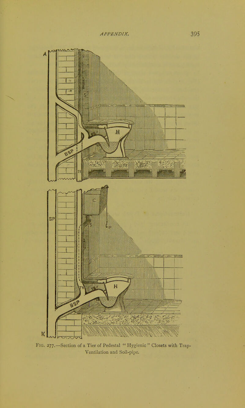 Fig. 277.—Section of a Tier of Pedestal  Hygienic  Closets with Trap- Ventilation and Soil-pipe.